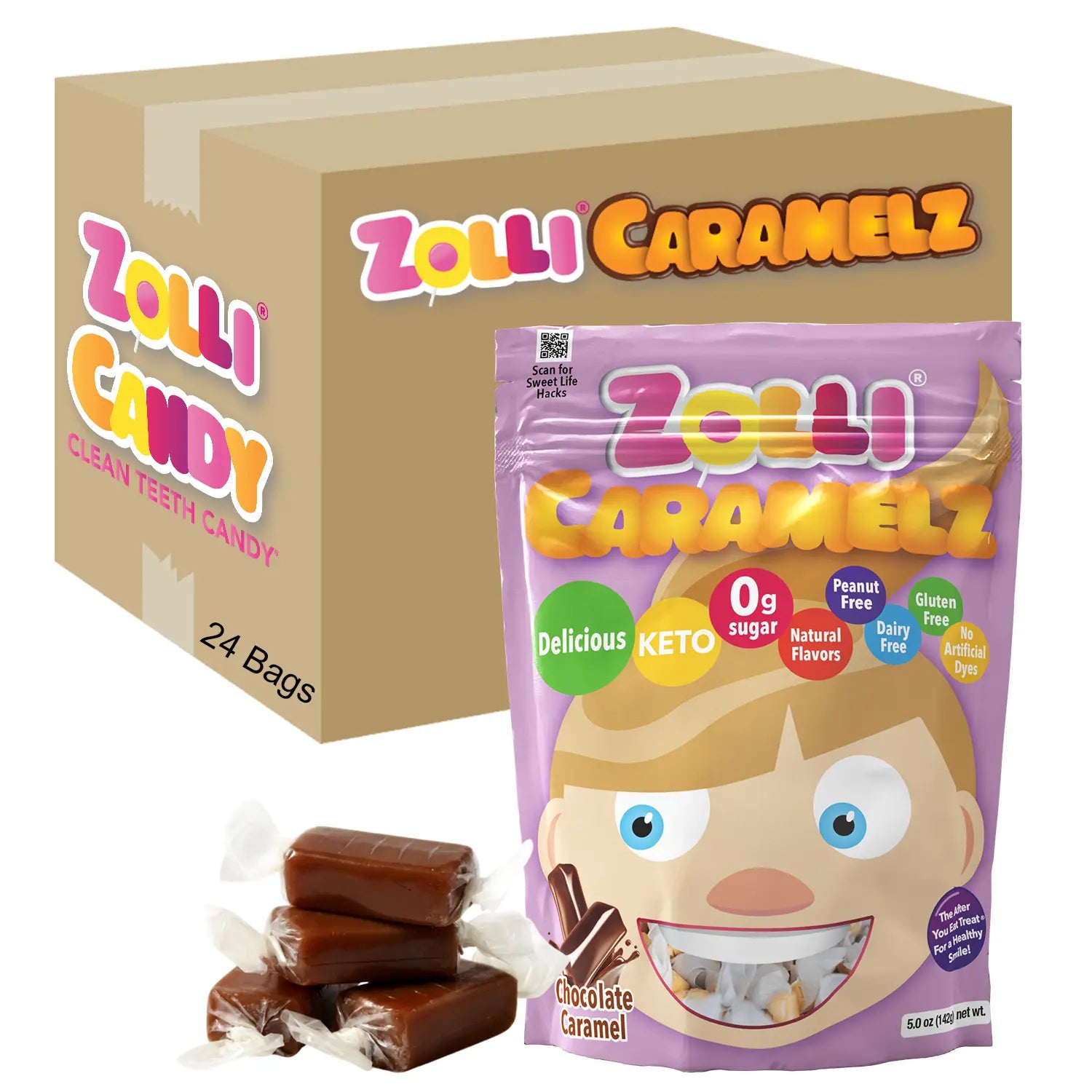 Zolli Caramelz candy packaging with a box and a single bag on a white background