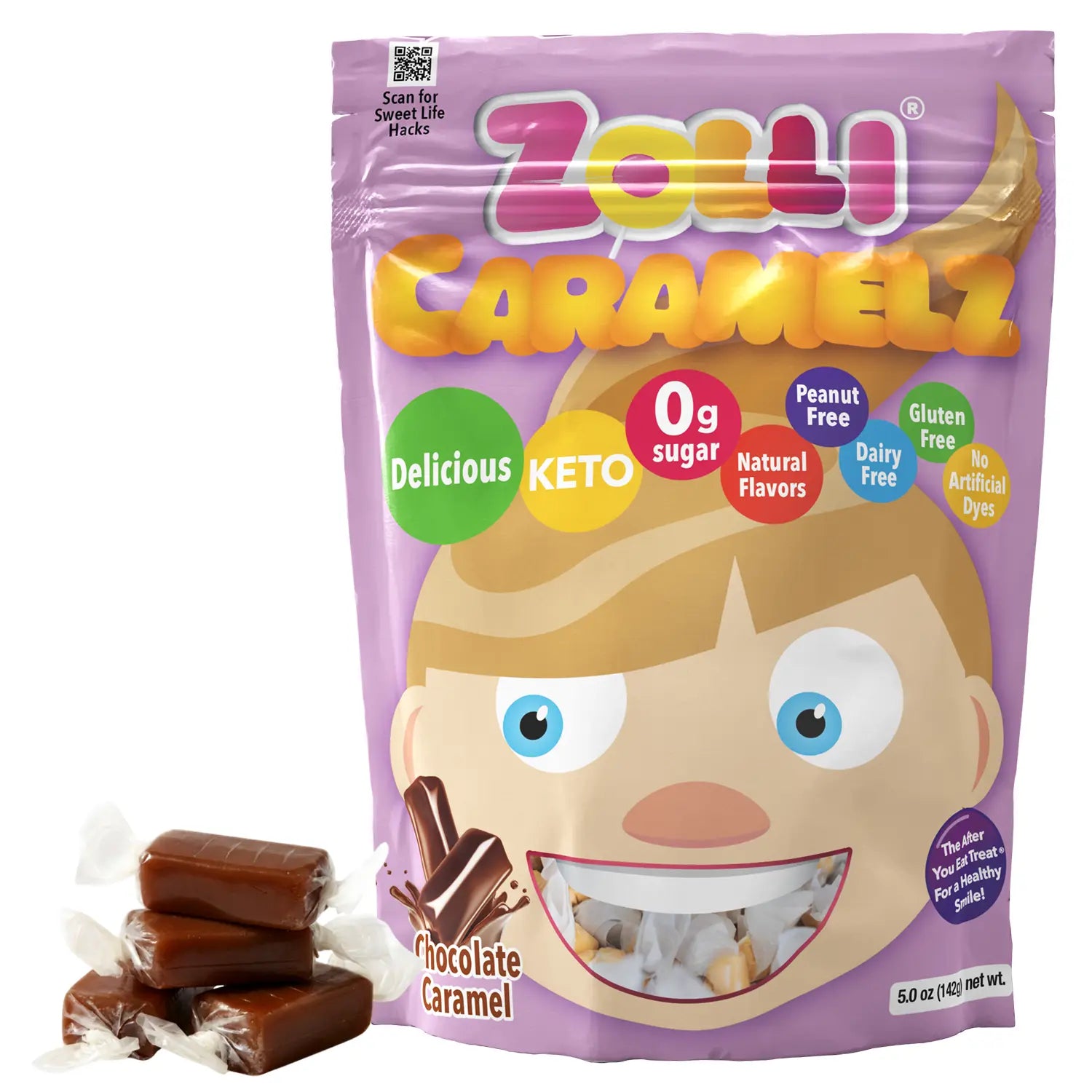 Zolli Caramelz chocolate caramel package with cartoon character on a white background