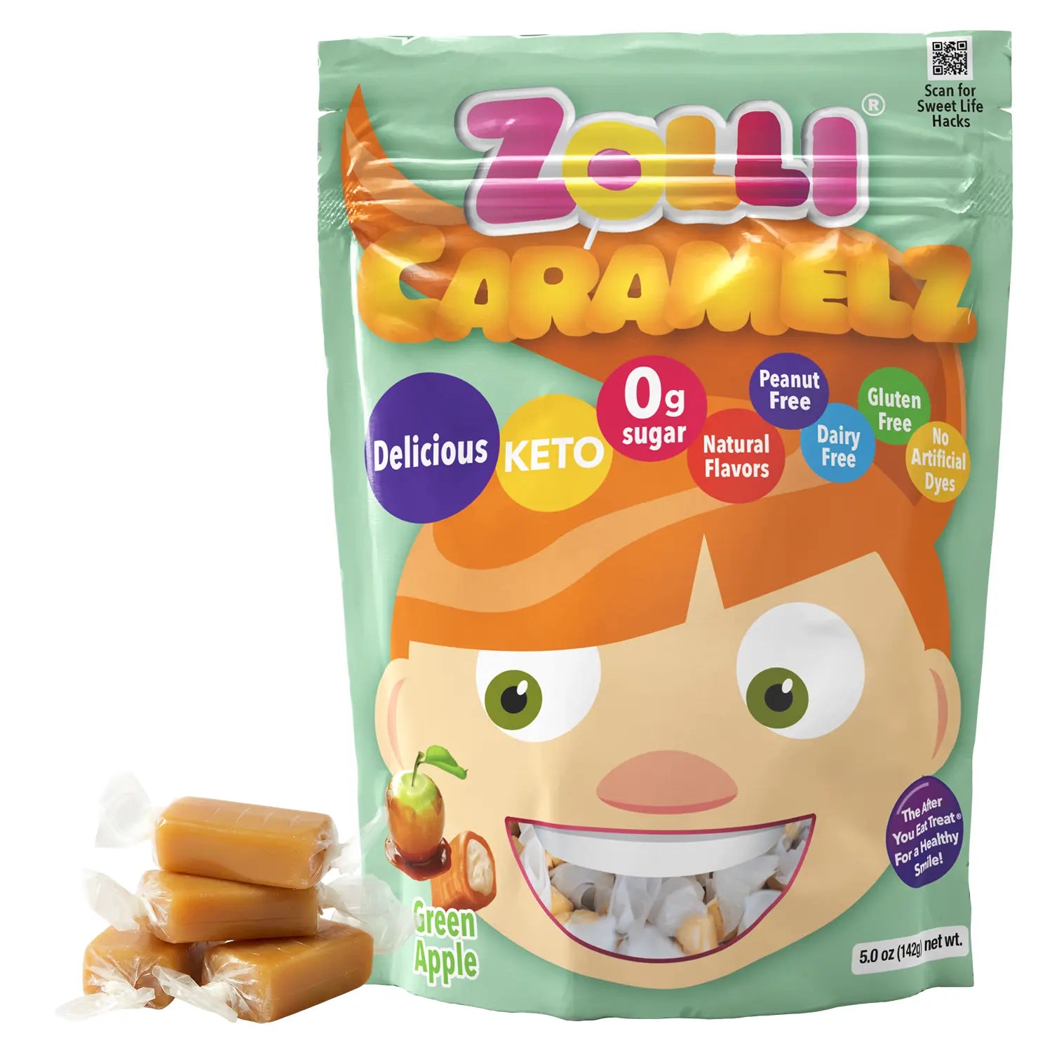 Zolli Caramelz green apple flavor package with a child's face on it, showing caramels.