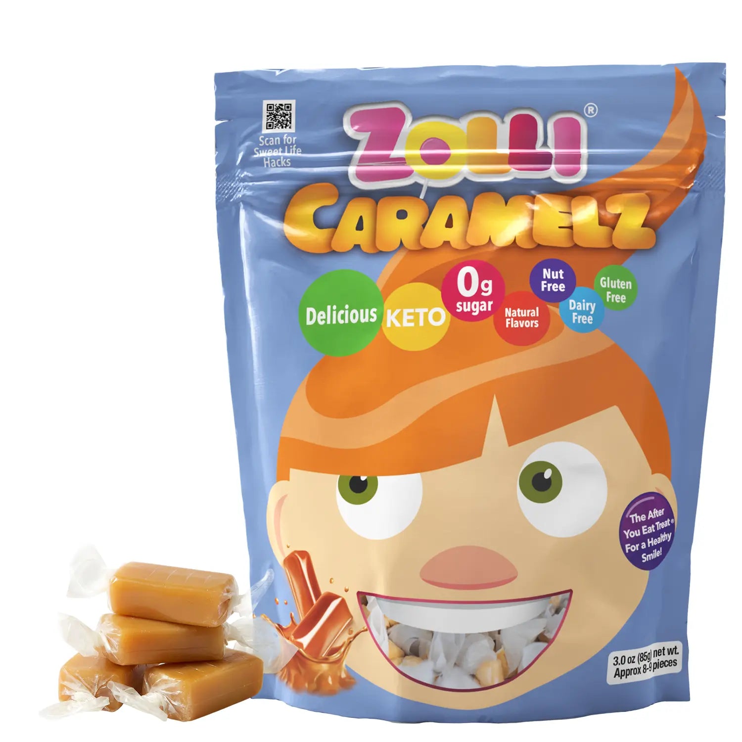 Zoll! Caramelz candy package with a cartoon character on a white background