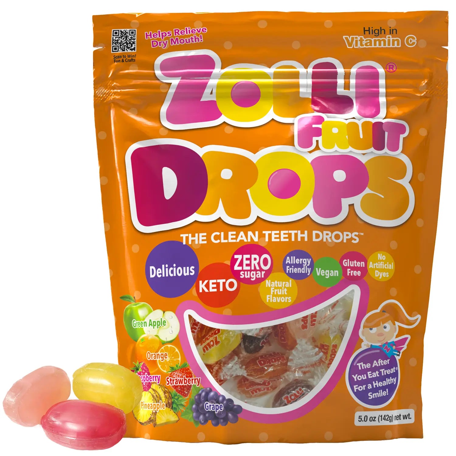 Zouli Fruit Drops packaging with colorful text and images on an orange background