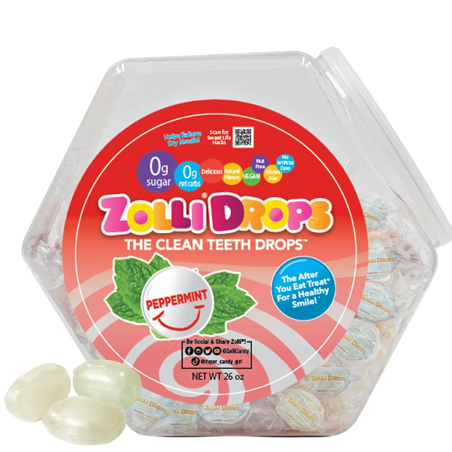 Zolli Drops packaging with a clear lid showing peppermint candy inside on a white background