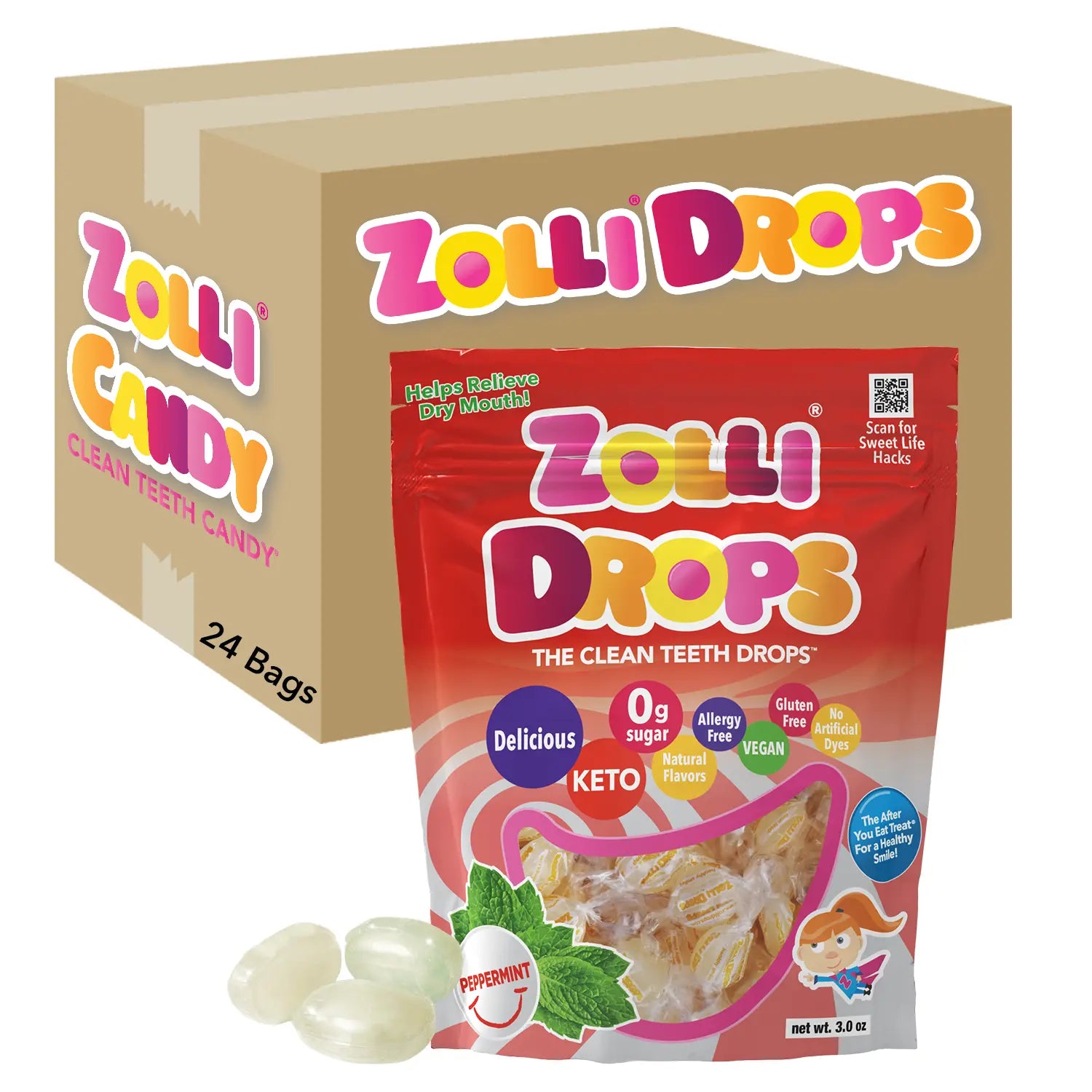 Zolli Drops packaging with candy and box on a white background