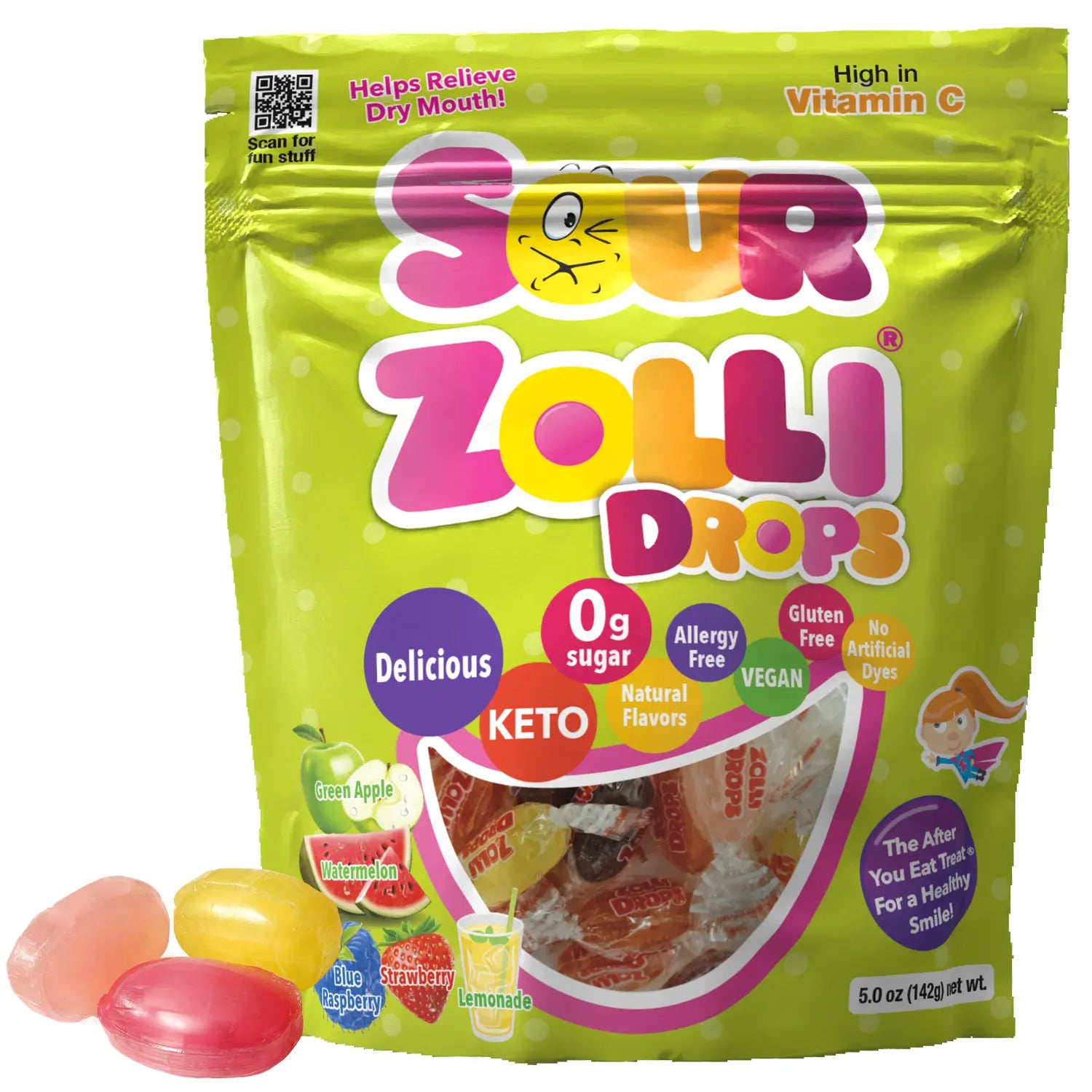 Green package of Zolli Drops with colorful text and graphics on a white background