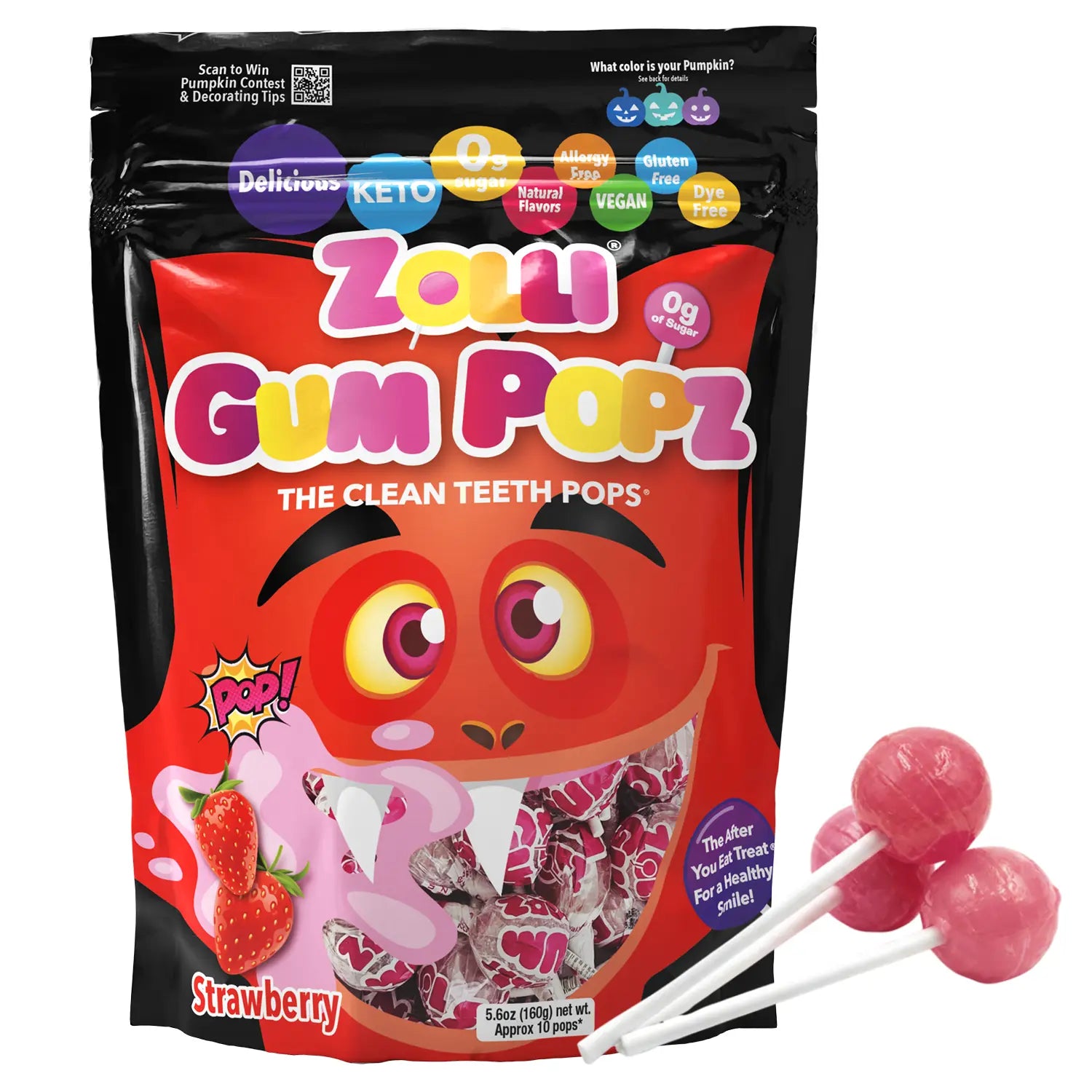 Zolli Gum Pops 5.6oz pack in Strawberry flavor.