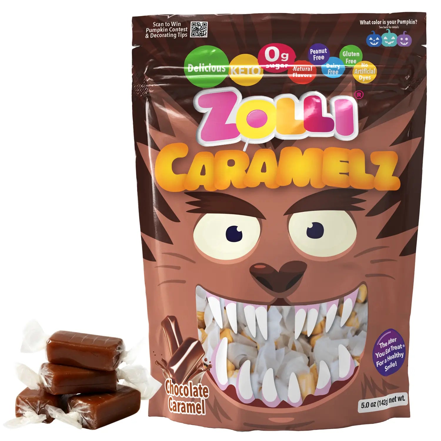 Zolli Caramelz chocolate caramel package with a cartoonish cat face design on a white background