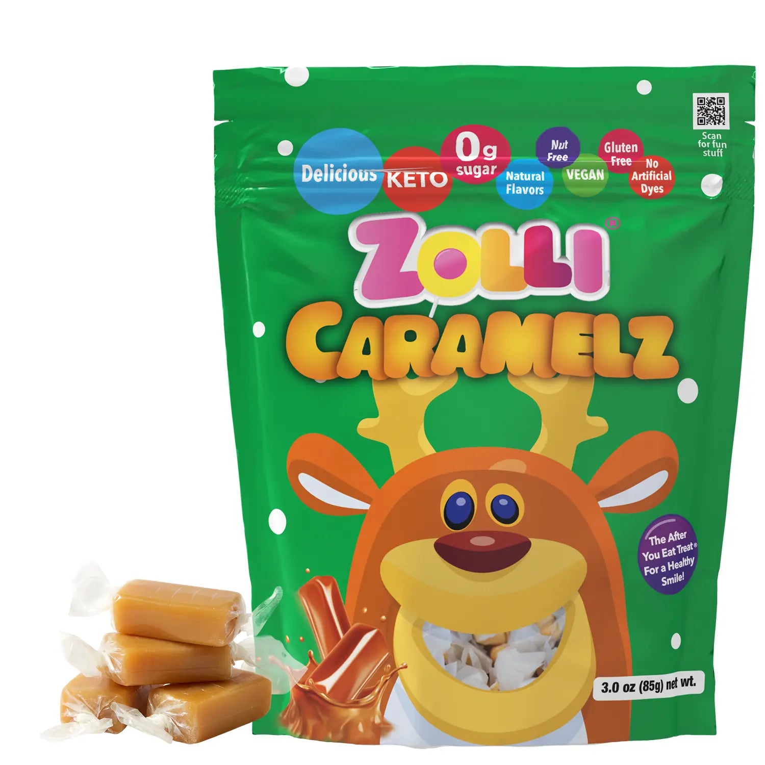 Zolli Caramelz packaging with a cartoon reindeer on a white background