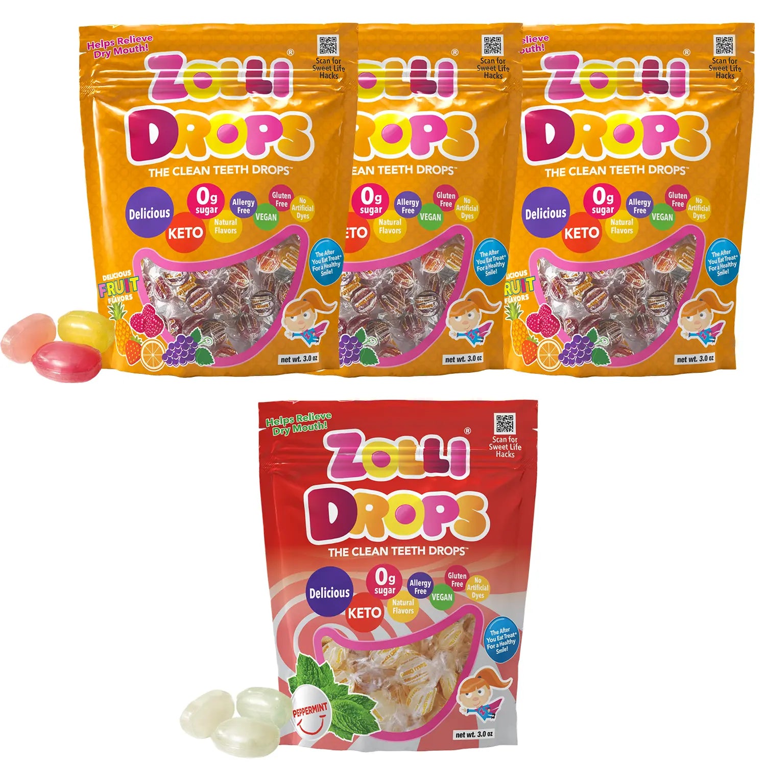 Zolli fruit drops and peppermint drops on white background.