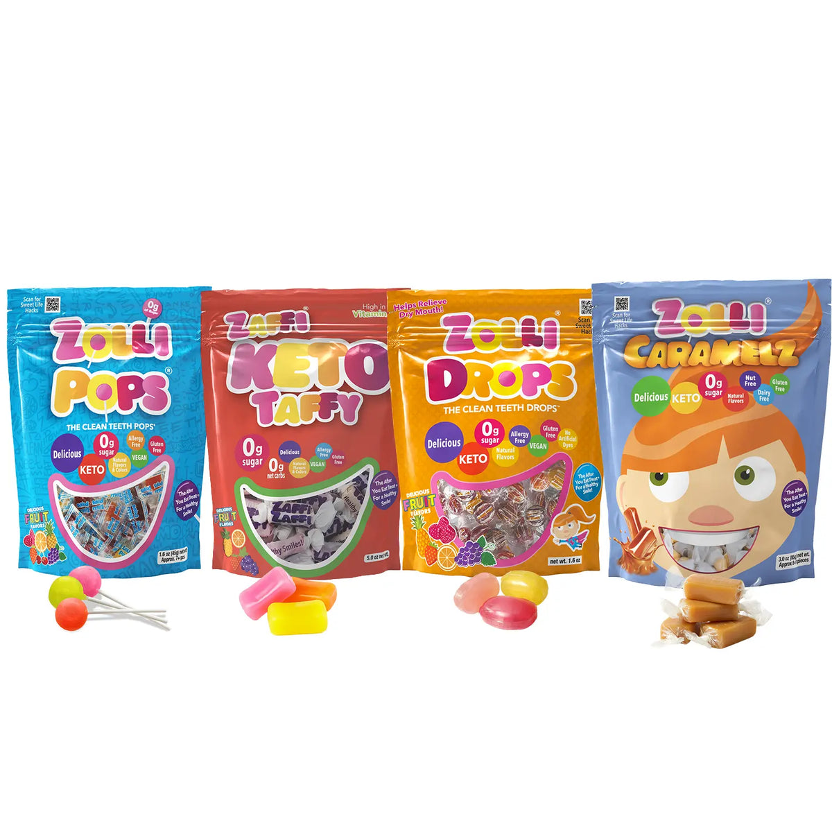 Lollipops, taffy, drops, caramels on a white background.
