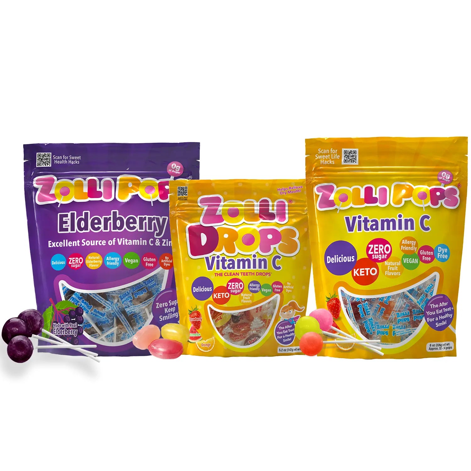 Three packages of Zollipops products on a white background