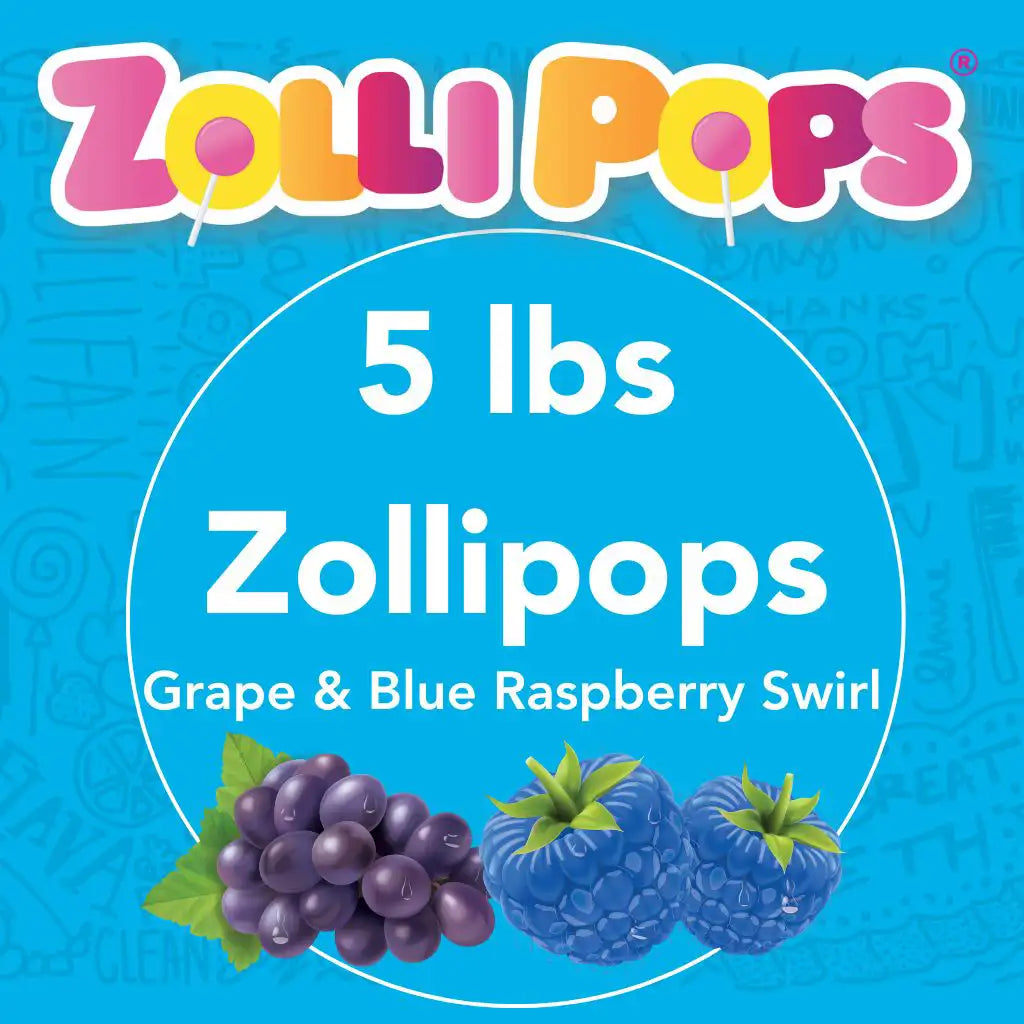 Zollipops packaging with grape and blue raspberry illustrations on a blue background