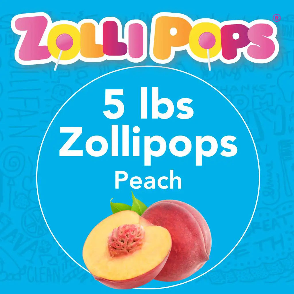 zollipops 5lb peach lollipops on blue background