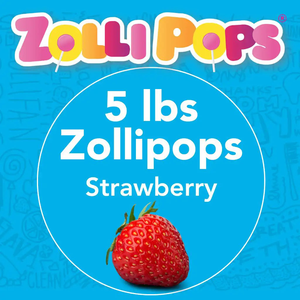 Zolli Pops strawberry candy packaging with a strawberry and blue background