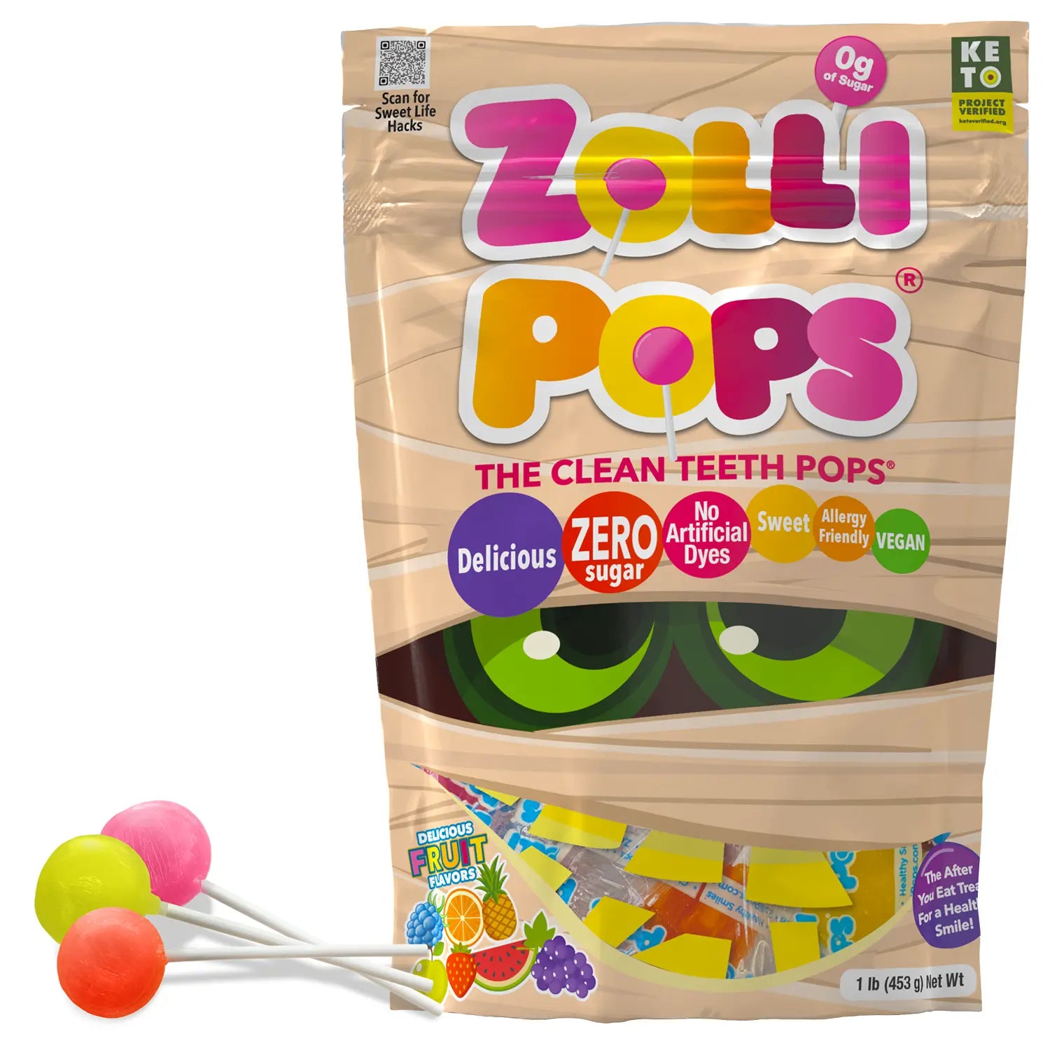 Zollipops Sugar-Free Lollipops – Tooth-Friendly Halloween Candy with Xylitol, Assorted Fruit, 1lb Bag