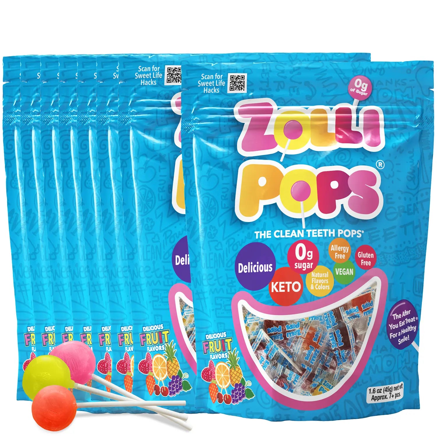 Multiple packages of Zouli Pops lollipops with colorful packaging on a white background