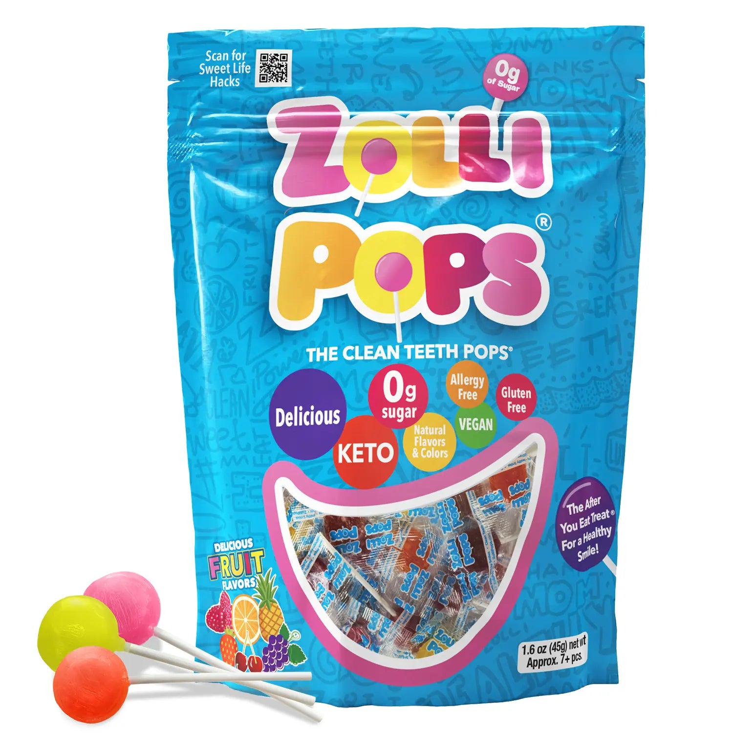 Zolli Pops packaging with colorful lollipops on a white background