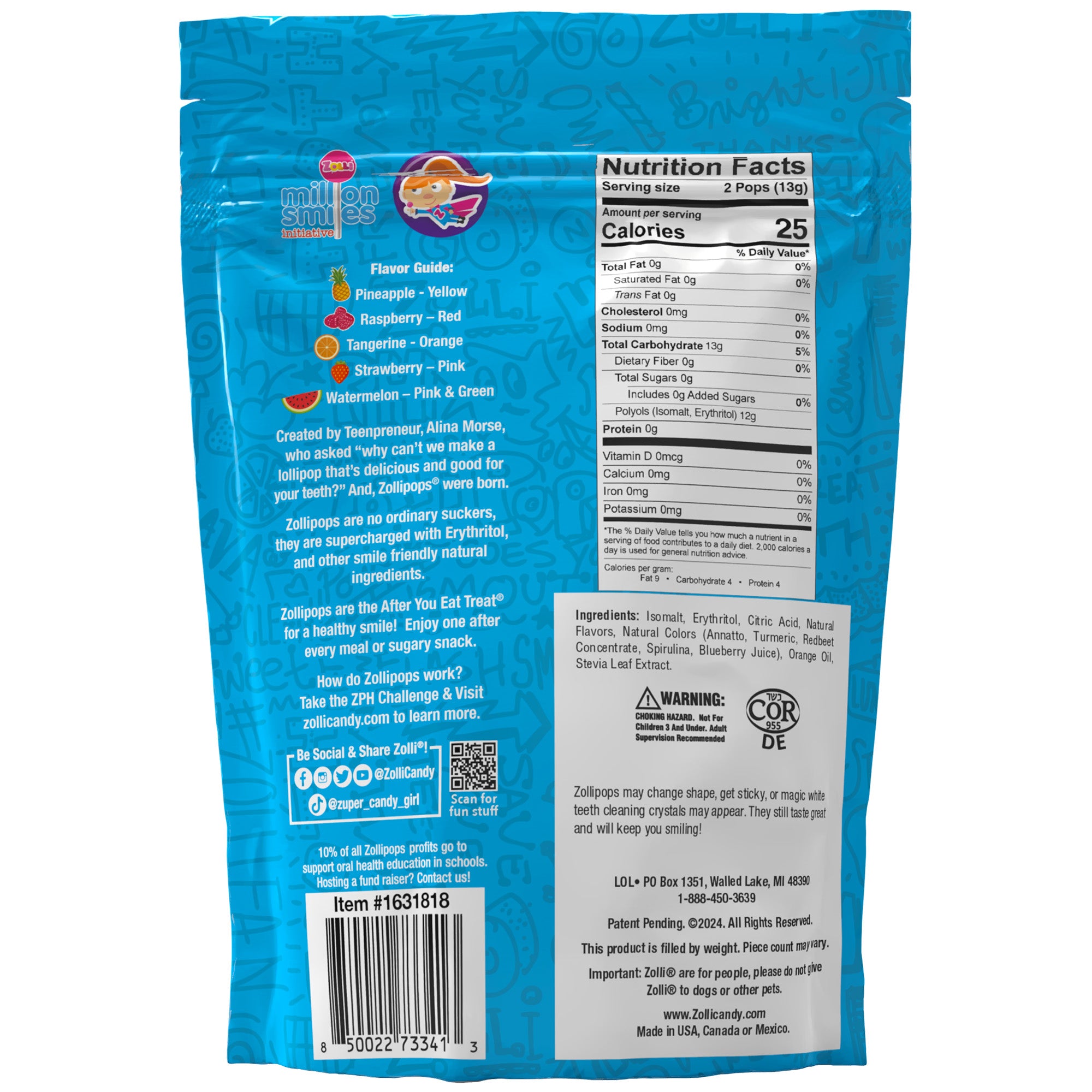 Back of a blue ZippJaws snack pouch showing flavor guide, nutrition facts, ingredients, and contact information on a white background.