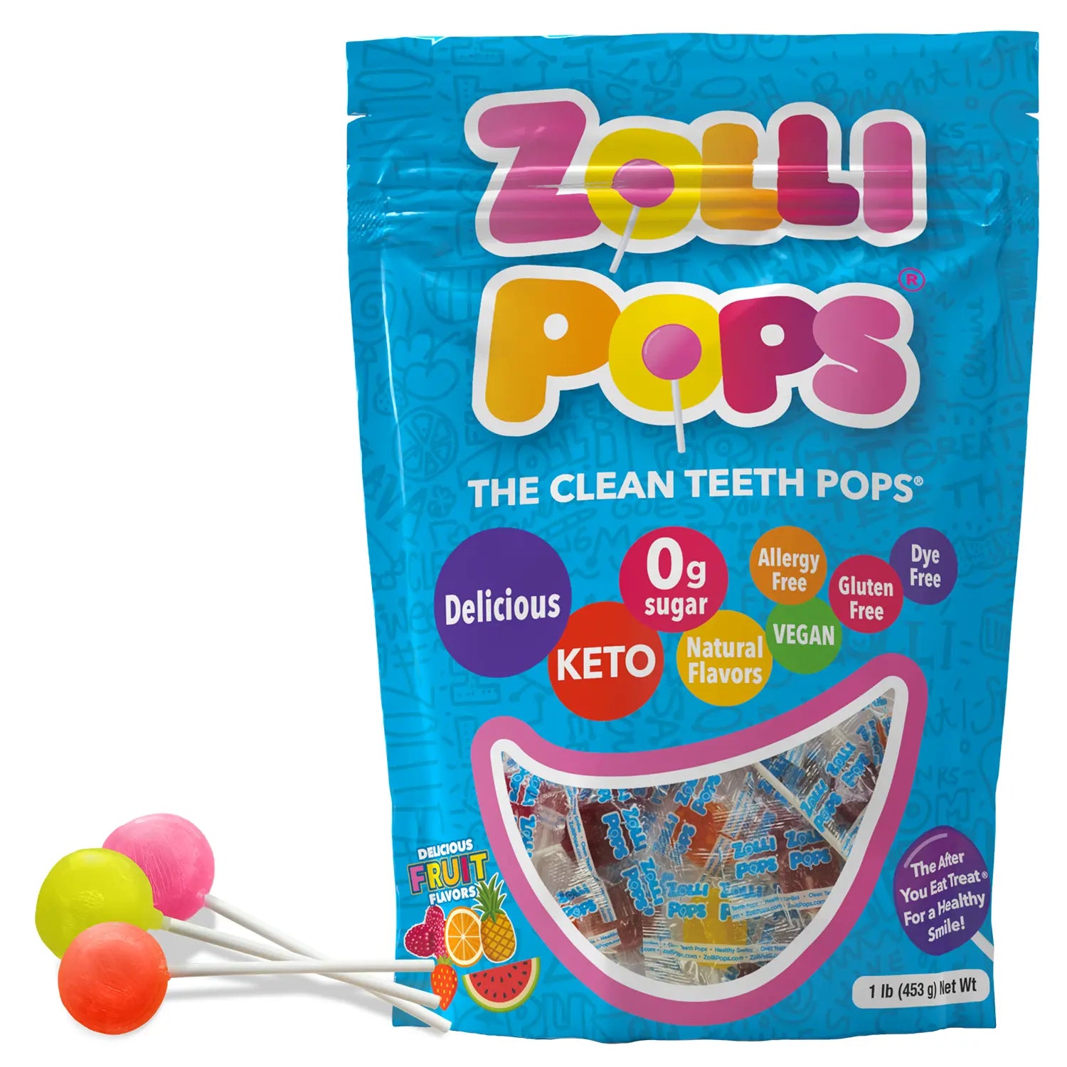 A 1 lb bag of Zolli Pops Clean Teeth Pops in blue packaging with three colorful lollipops in the foreground on a white background.