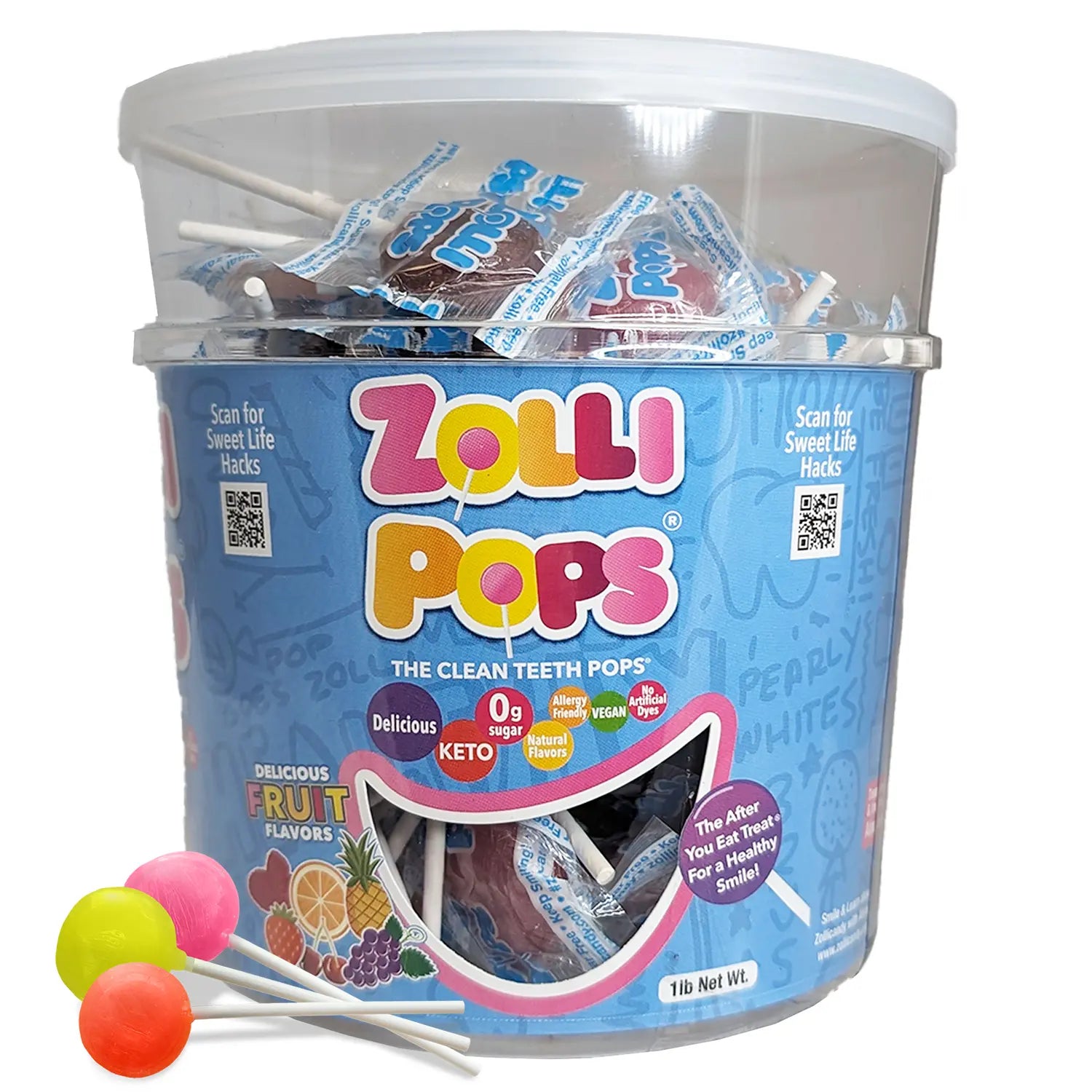 Zolli Pops container with lollipops on a white background