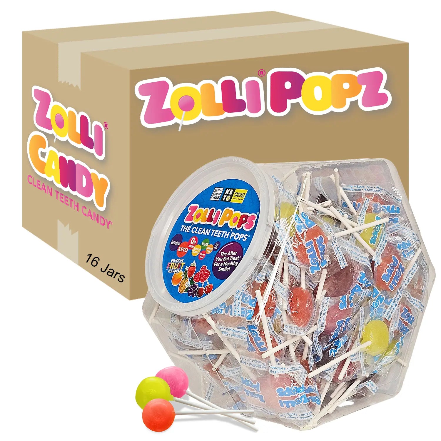 Zolli Popz candy packaging with lollipops and a box on a white background