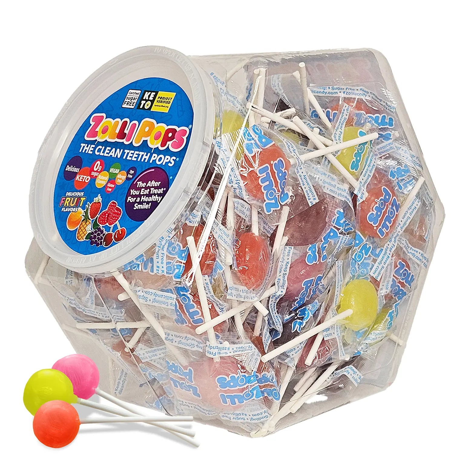 Zollipops lollipops in a clear container with visible packaging.