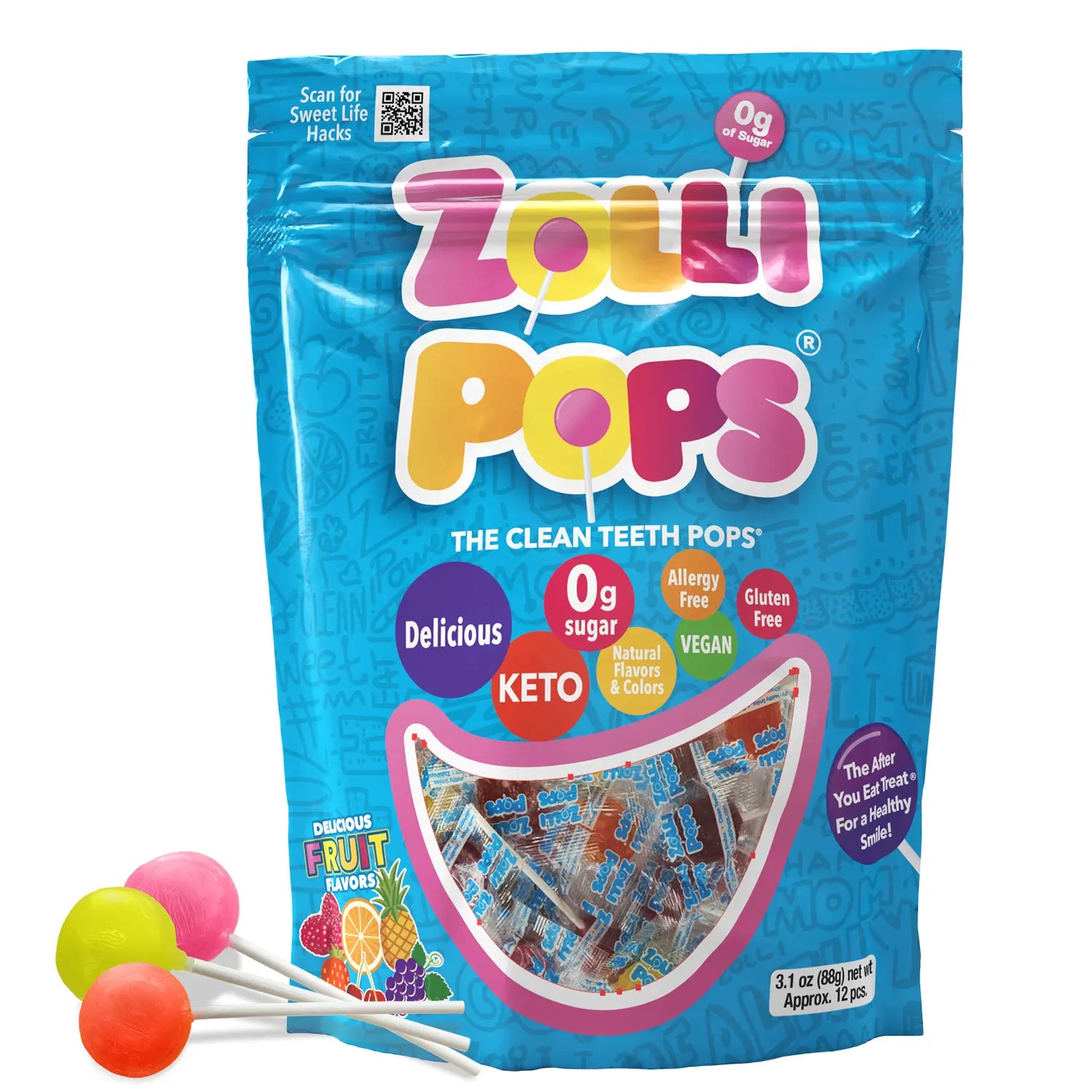 Zollipops packaging with lollipops on a white background