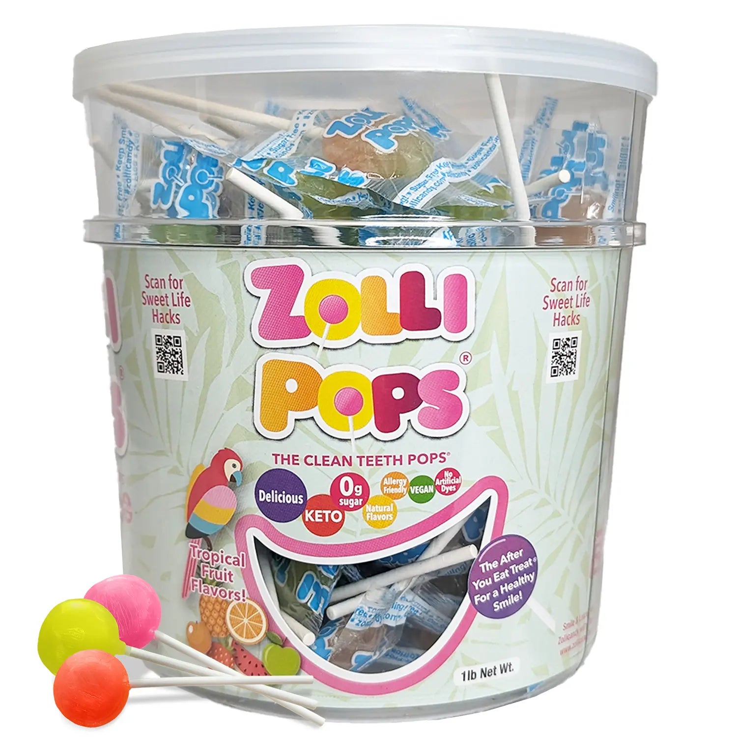 Zolli Pops container with lollipops on a white background