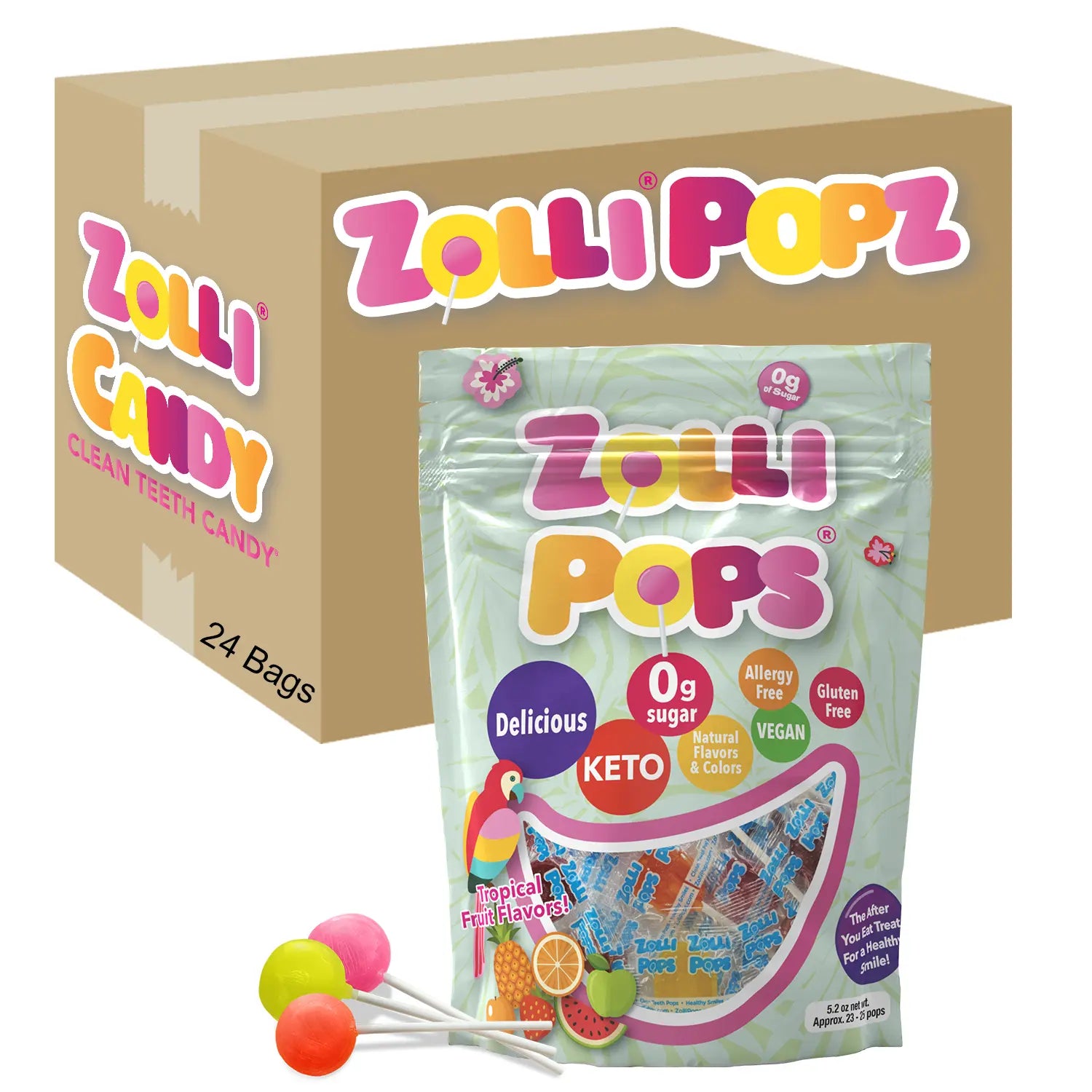 Zolli Popz candy packaging with a box and lollipops on a white background