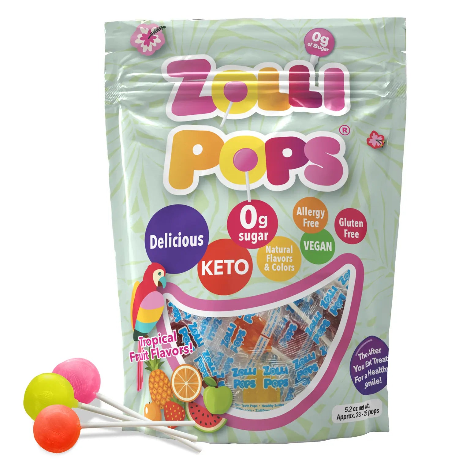 Zollipops packaging with lollipops on a white background