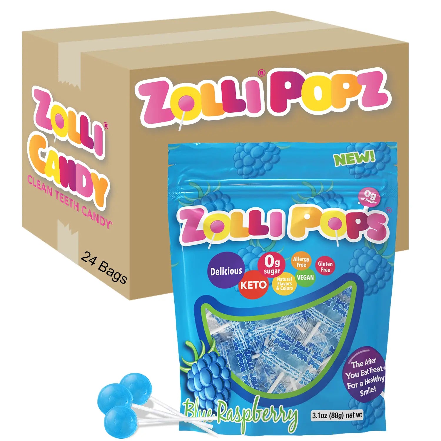 Zolli Popz packaging including a box and a blue raspberry flavor bag on a white background