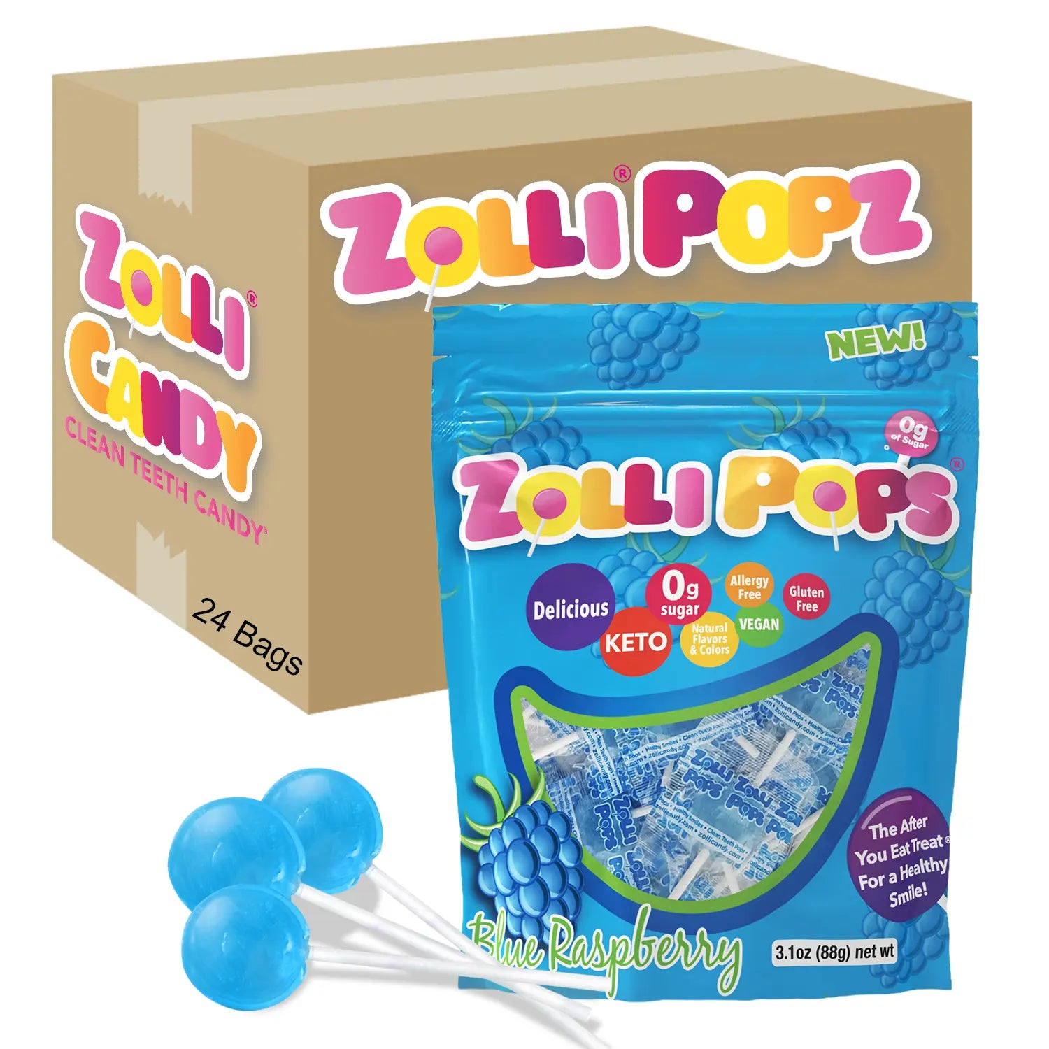 Zolli Popz packaging with a blue raspberry lollipop on a white background