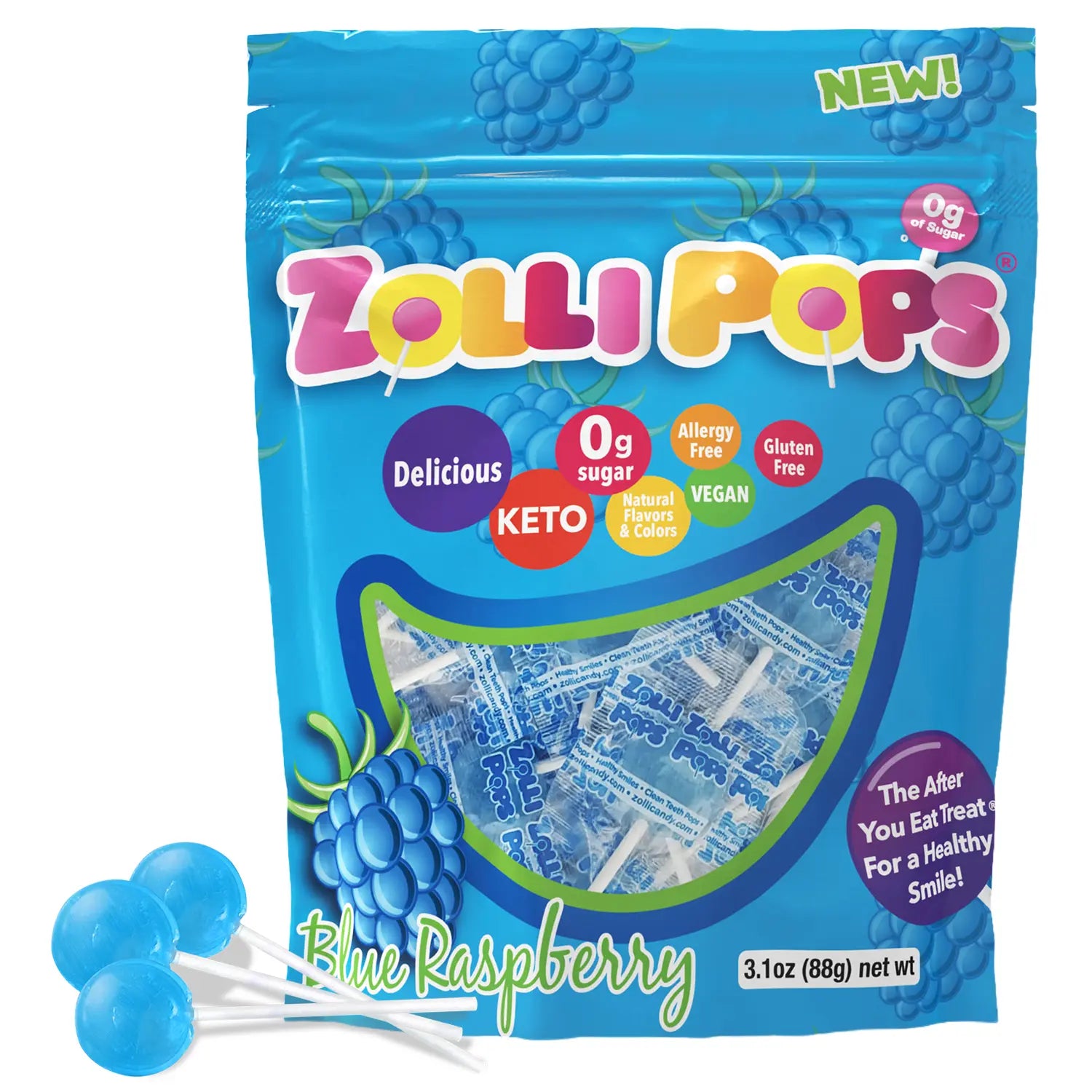 Zolli Pops Blue Raspberry lollipop package with lollipops on a white background