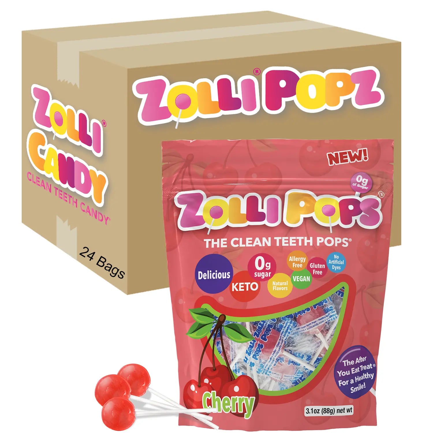 Zolli Pops cherry-flavored clean teeth candy packaging with a box in the background.