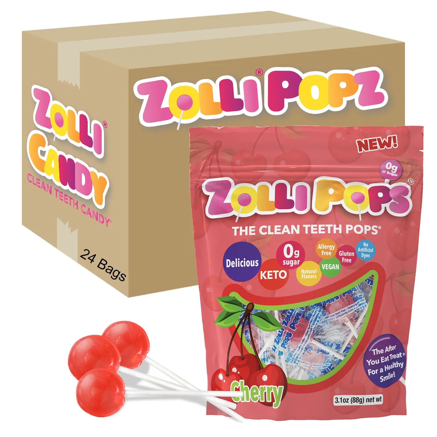 Zollipops cherry-flavored clean teeth candy packaging with a box and lollipops on a white background.