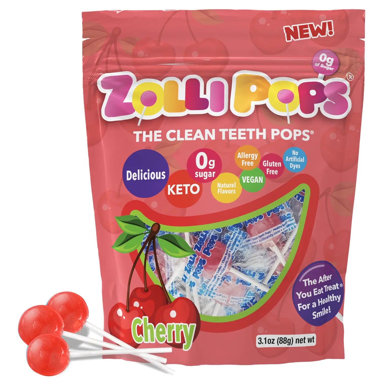 Zollipops cherry-flavored clean teeth pops packaging on a white background