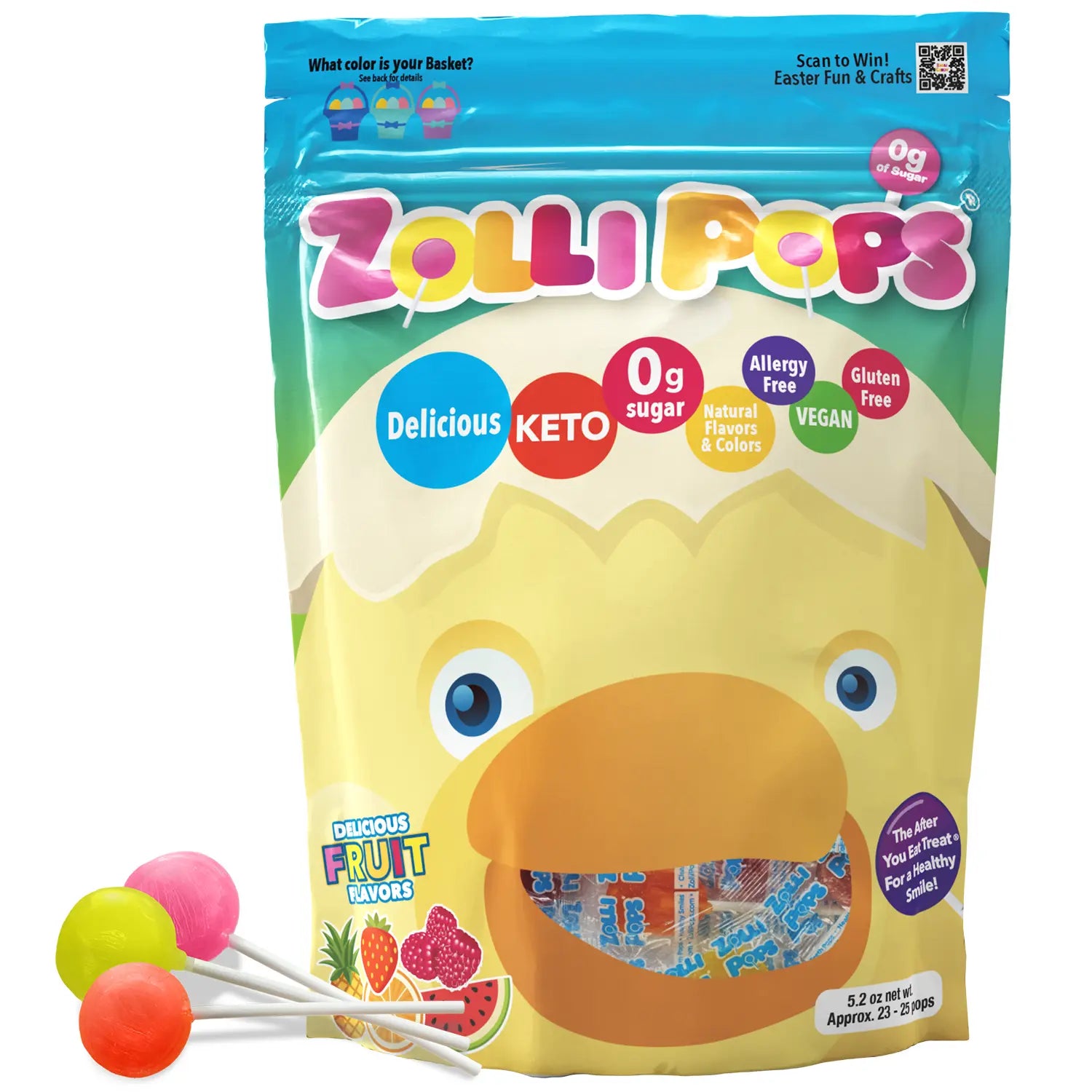 Zolli Pops packaging with a duck design and colorful lollipops on a white background