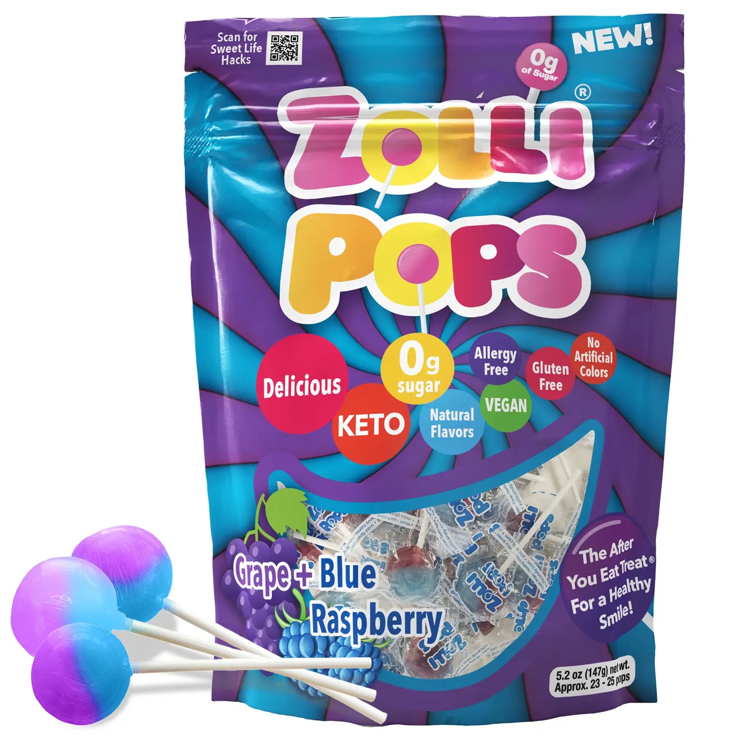 A bag of Zolli Pops Grape + Blue Raspberry lollipops with three colorful lollipops in front on a white background. The packaging is purple and blue with colorful text, and the lollipops are purple and blue.