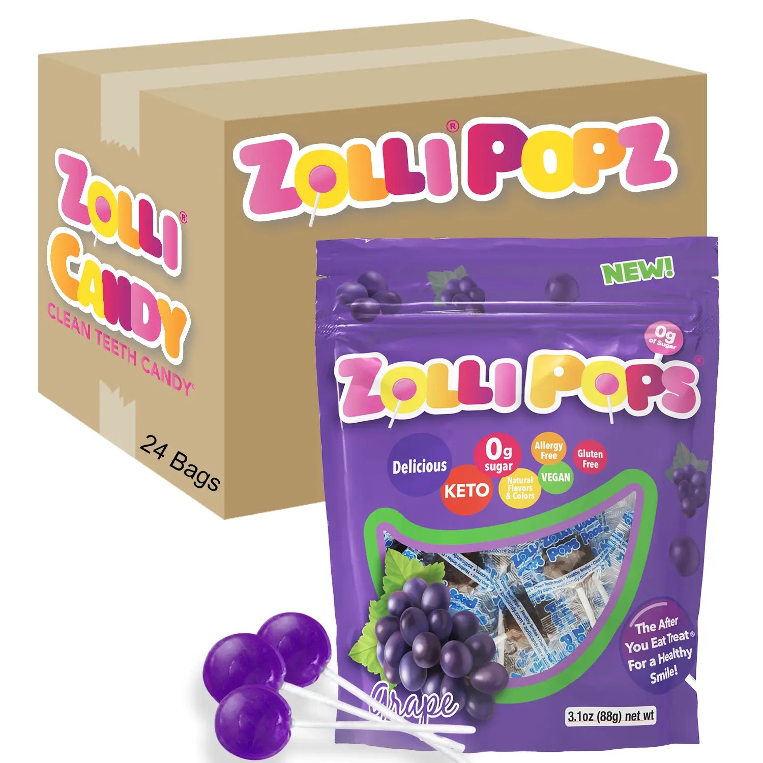 Grape zollipops and cardboard box on white background.