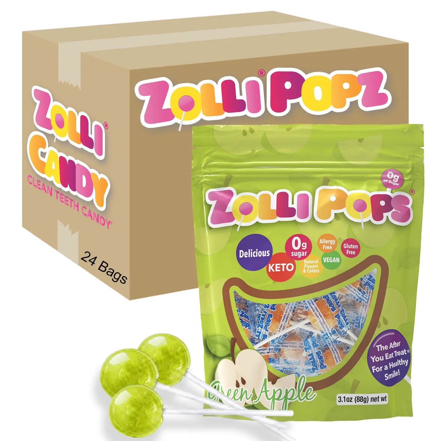 Zollipops green apple lollipops on white background.