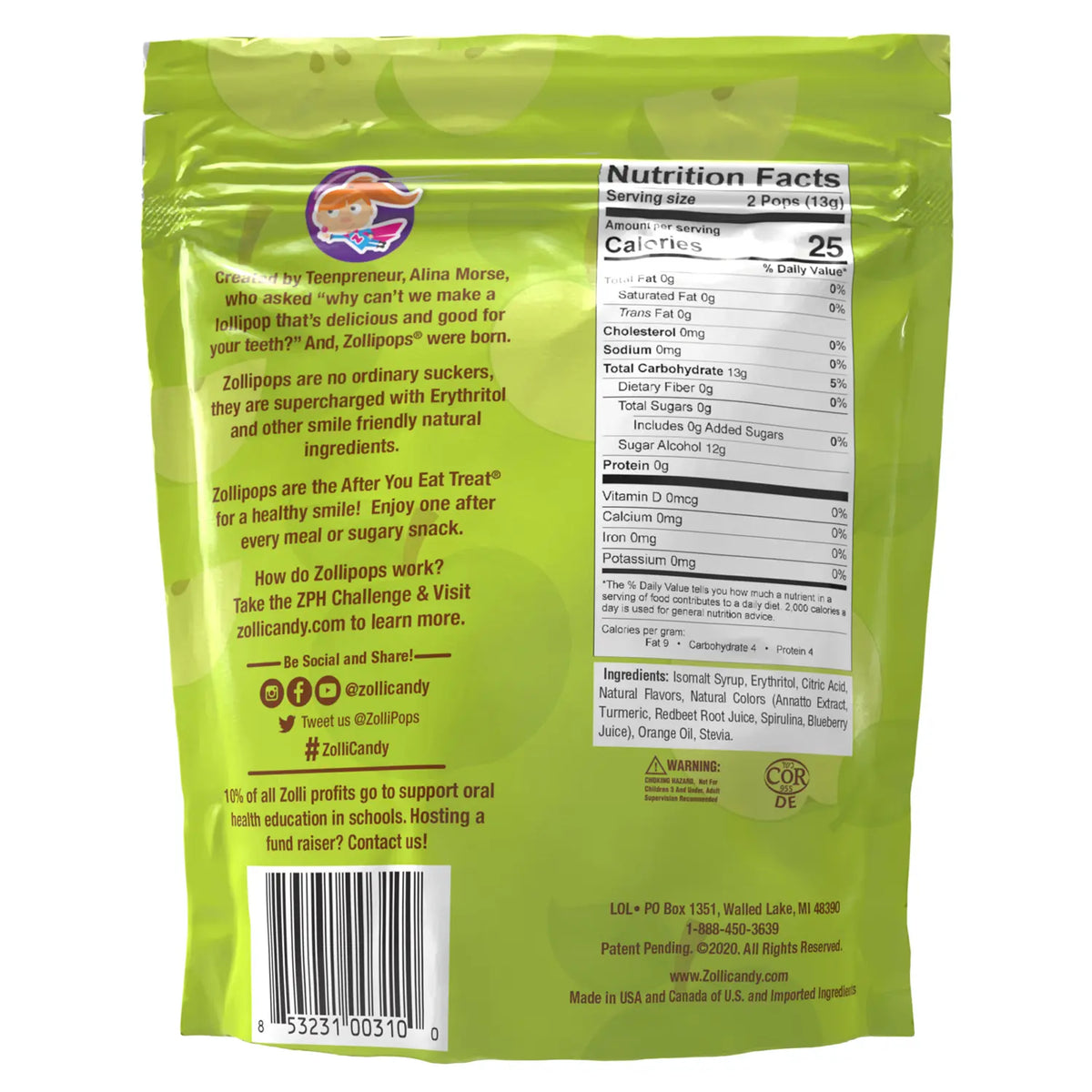 Zollipops green apple nutrition facts