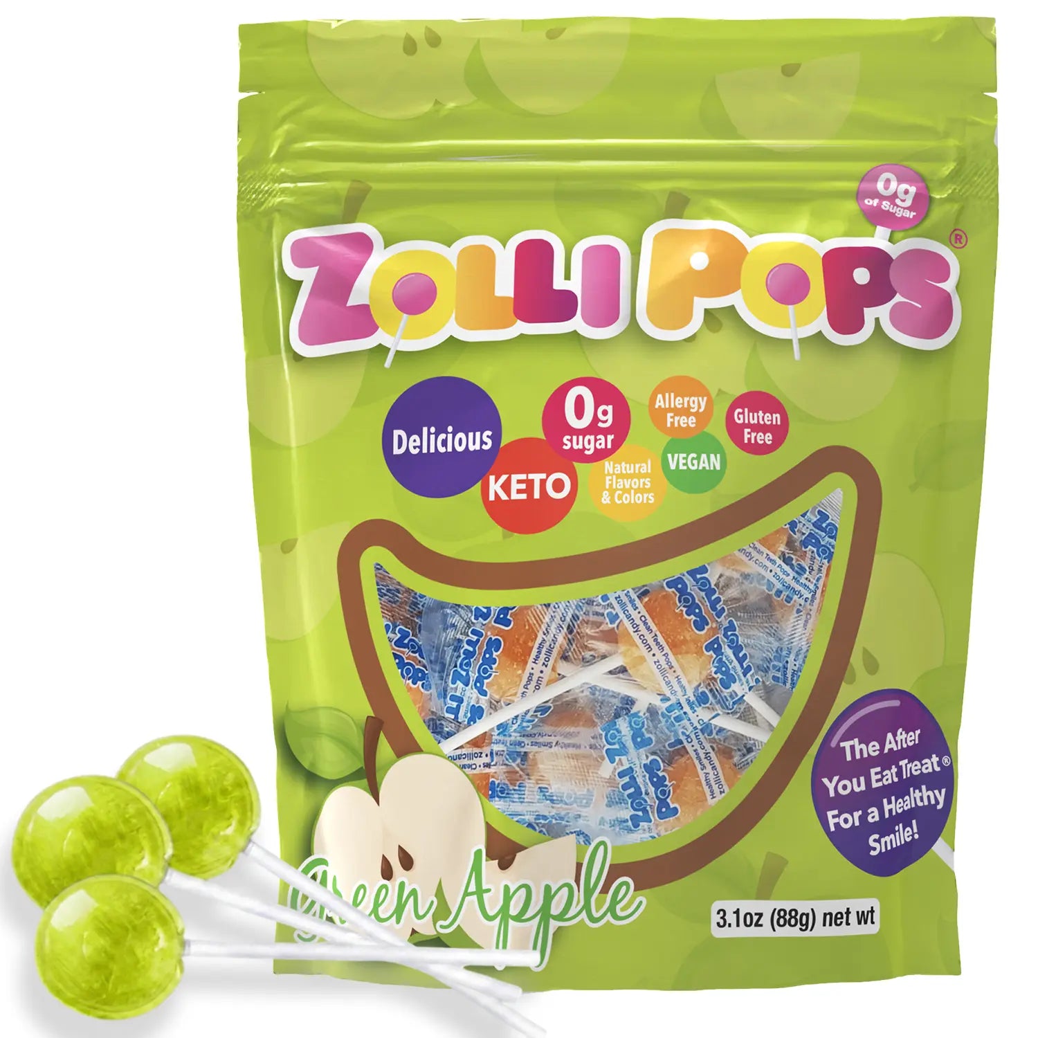 Zollipops green apple lollipops on a white background.