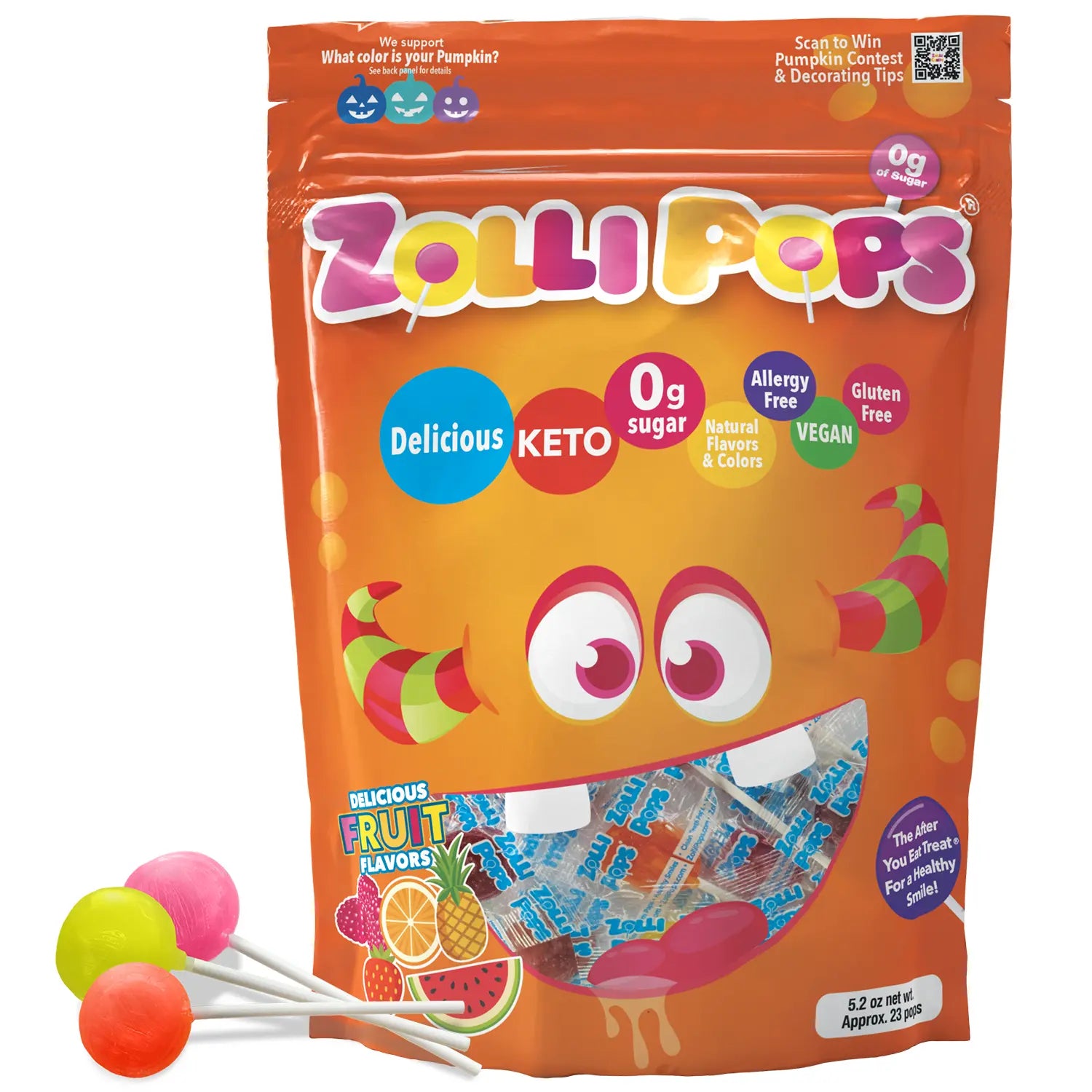 Zollipops packaging with lollipops on a white background