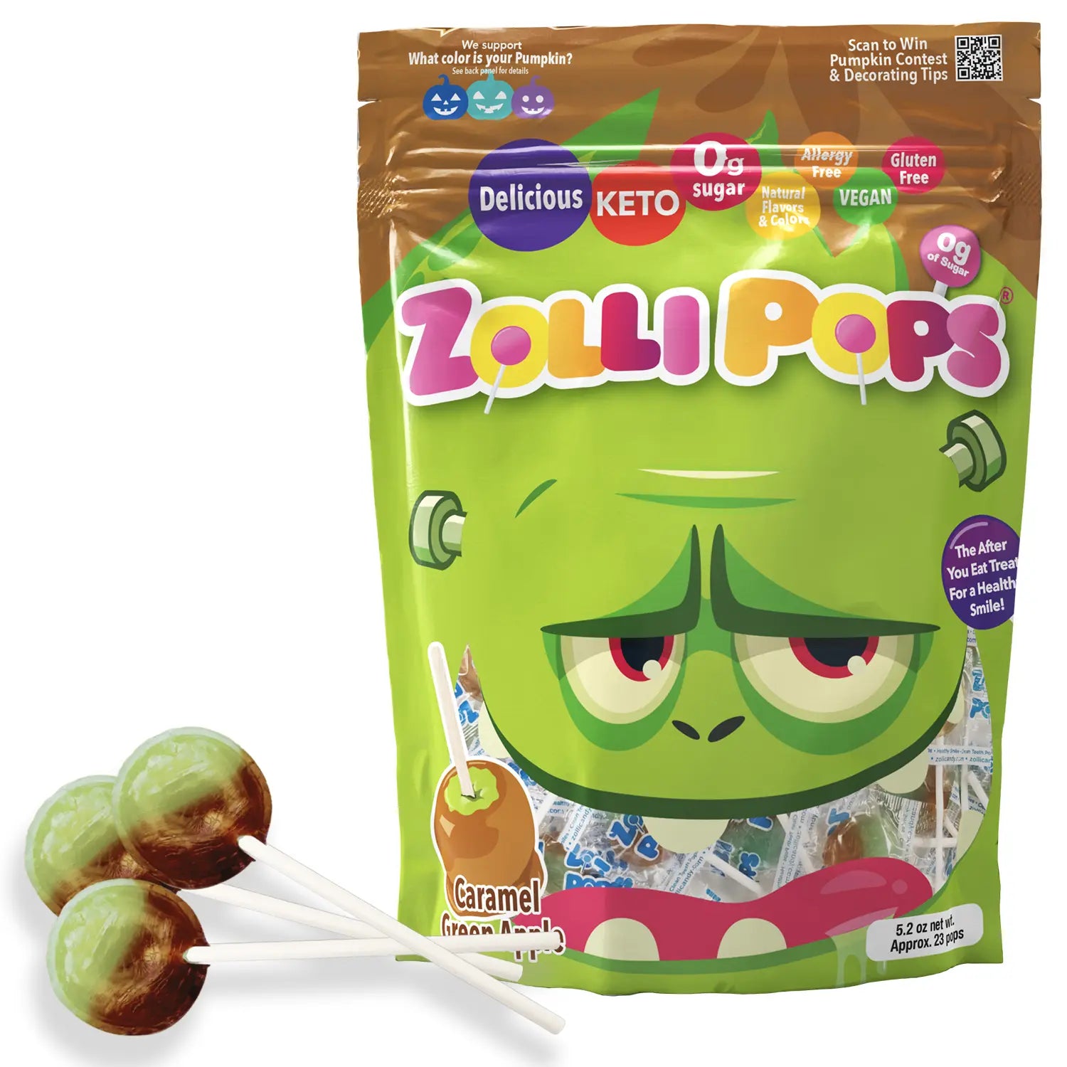 Halloween Zollipops 5.2oz pack in Caramel & Green Apple flavor.
