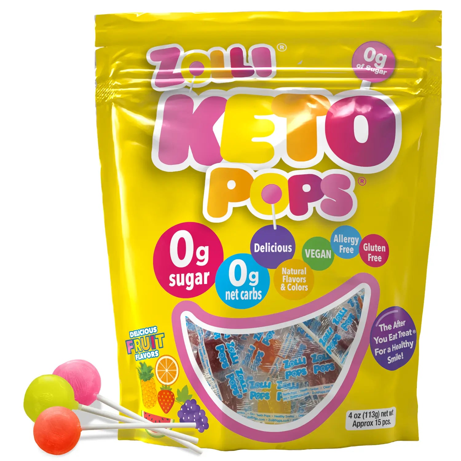Zallie Keto Pops packaging with lollipops on a white background