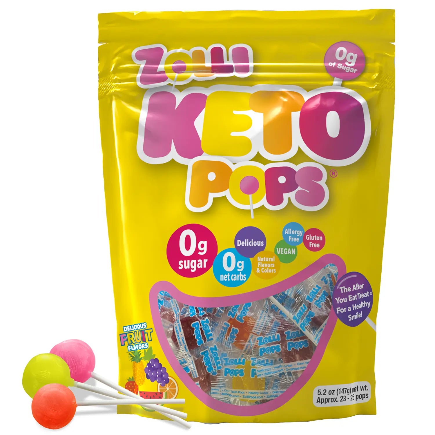 Zoli Keto Pops packaging with lollipops on a white background