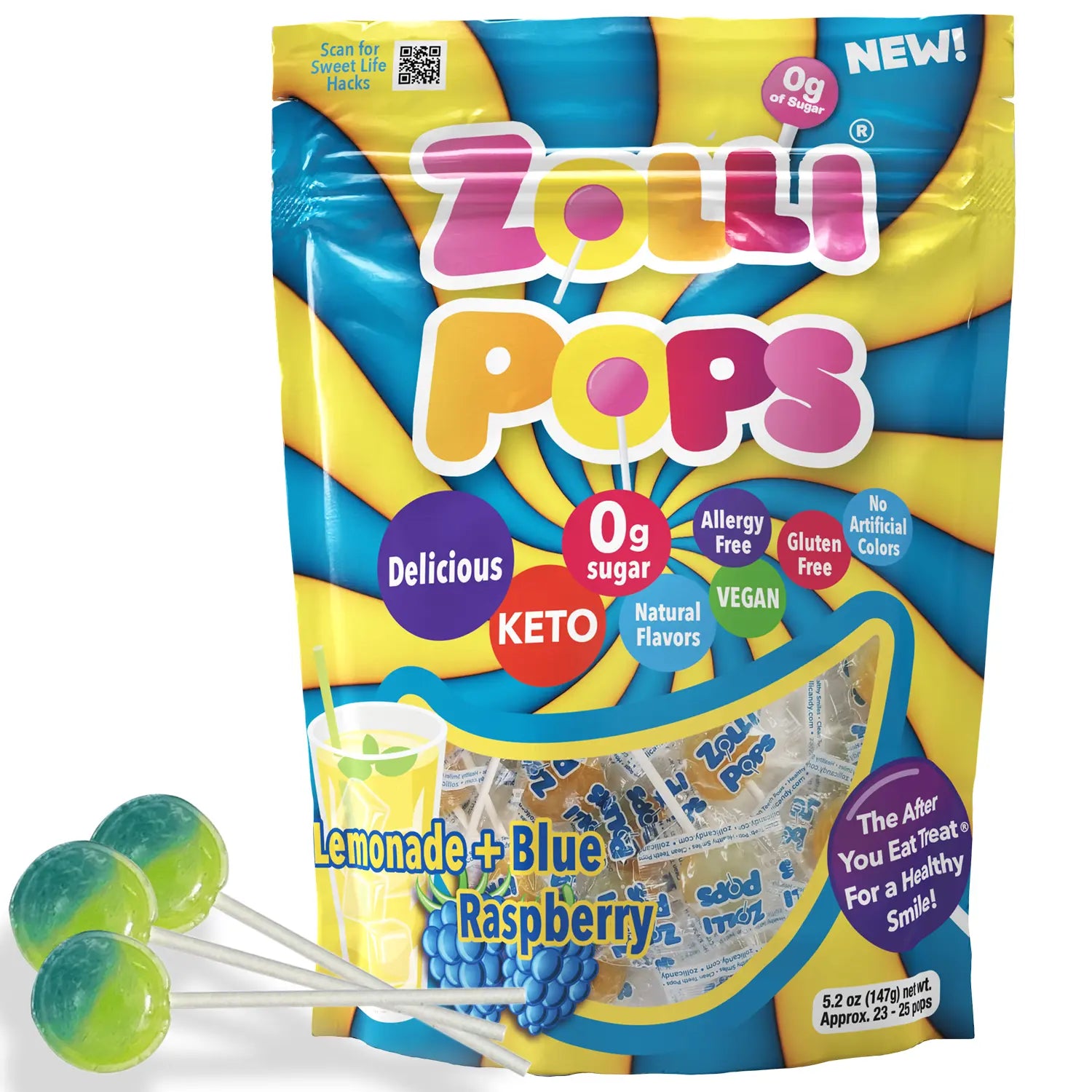 Zollipops packaging with lollipops on a white background