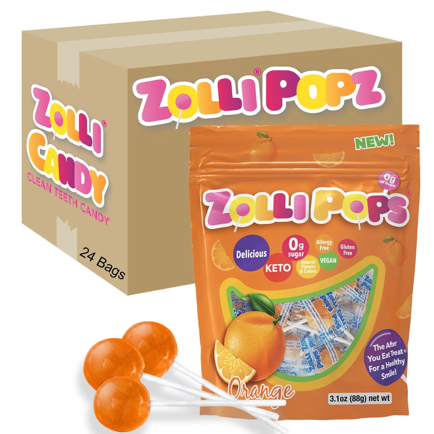Zolli Popz candy packaging with orange lollipops on a white background