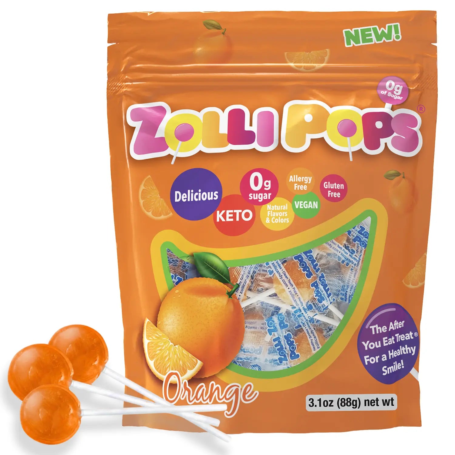 munpopo3✧*。゜ Zollipops Sugar-Free Lollipops – Tooth-Friendly Candy, Orange, 3.1
