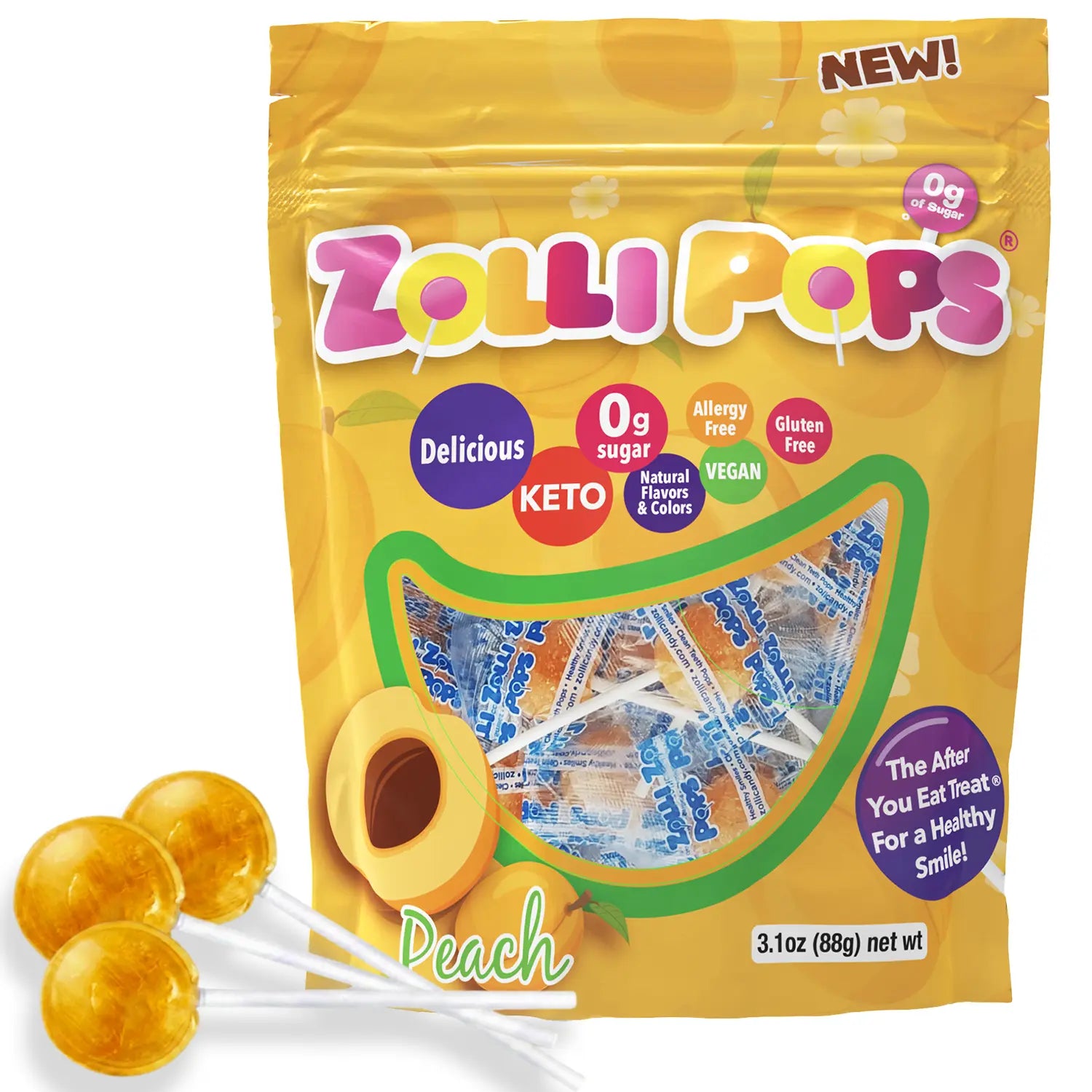 Zolli Pops peach-flavored lollipops package with lollipops in front