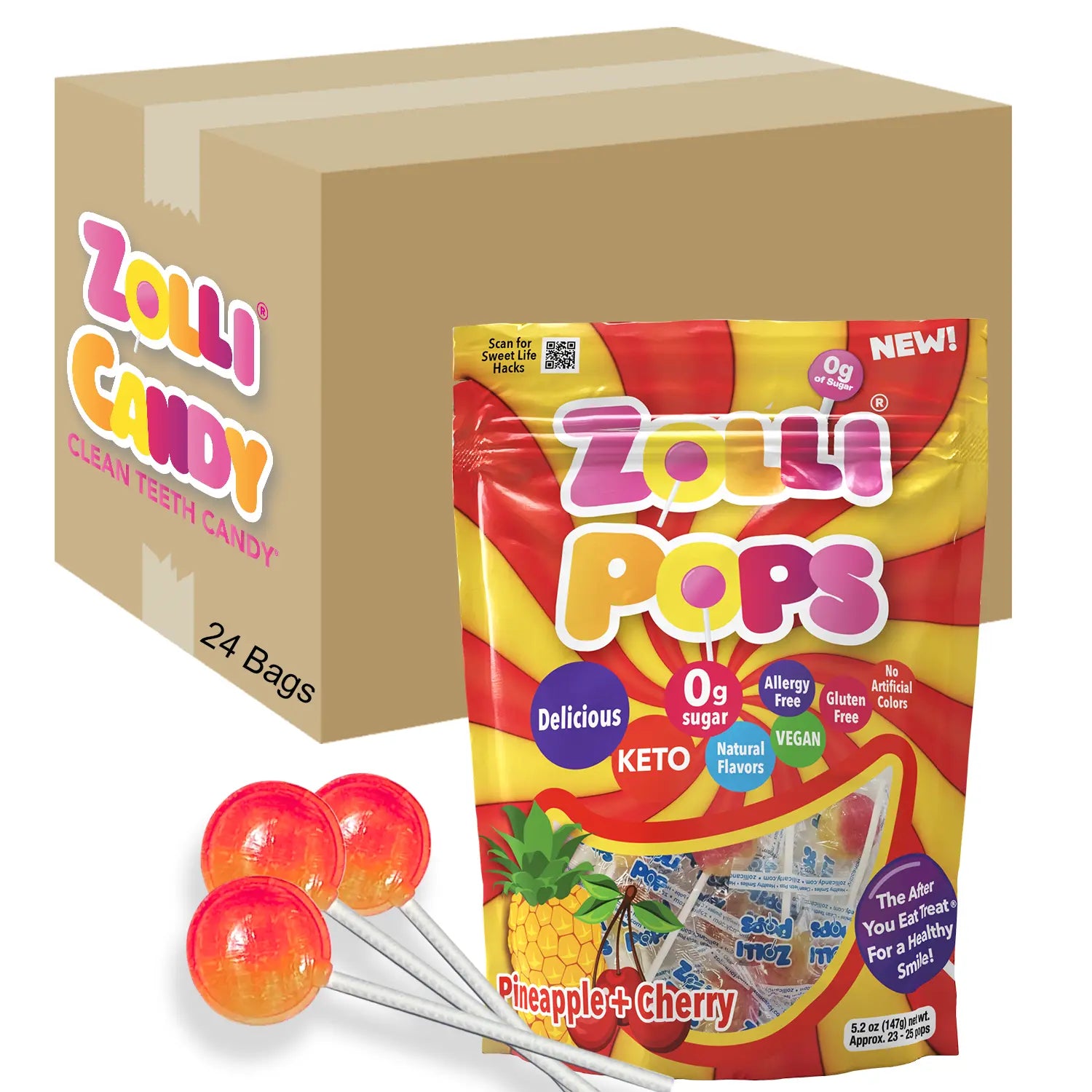 Zolli Candy Clean Teeth Candy box and bag packaging with three orange-red lollipops shown on a white background.